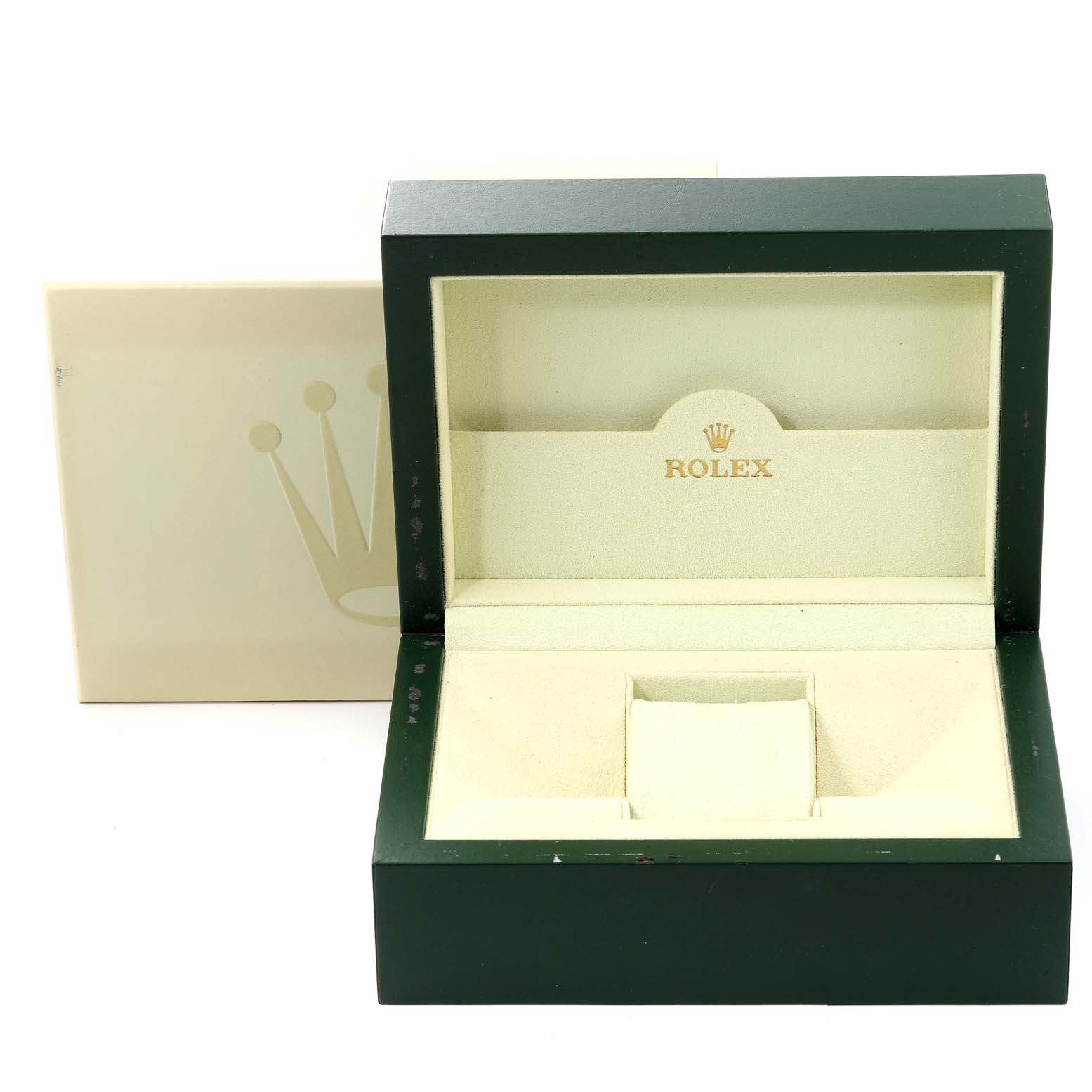 The image shows an open green and beige box for the Rolex Sea-Dweller 16600T Men
s Stainless Steel Black Dial 16600T Men
s Stainless Steel Black Dial watch.