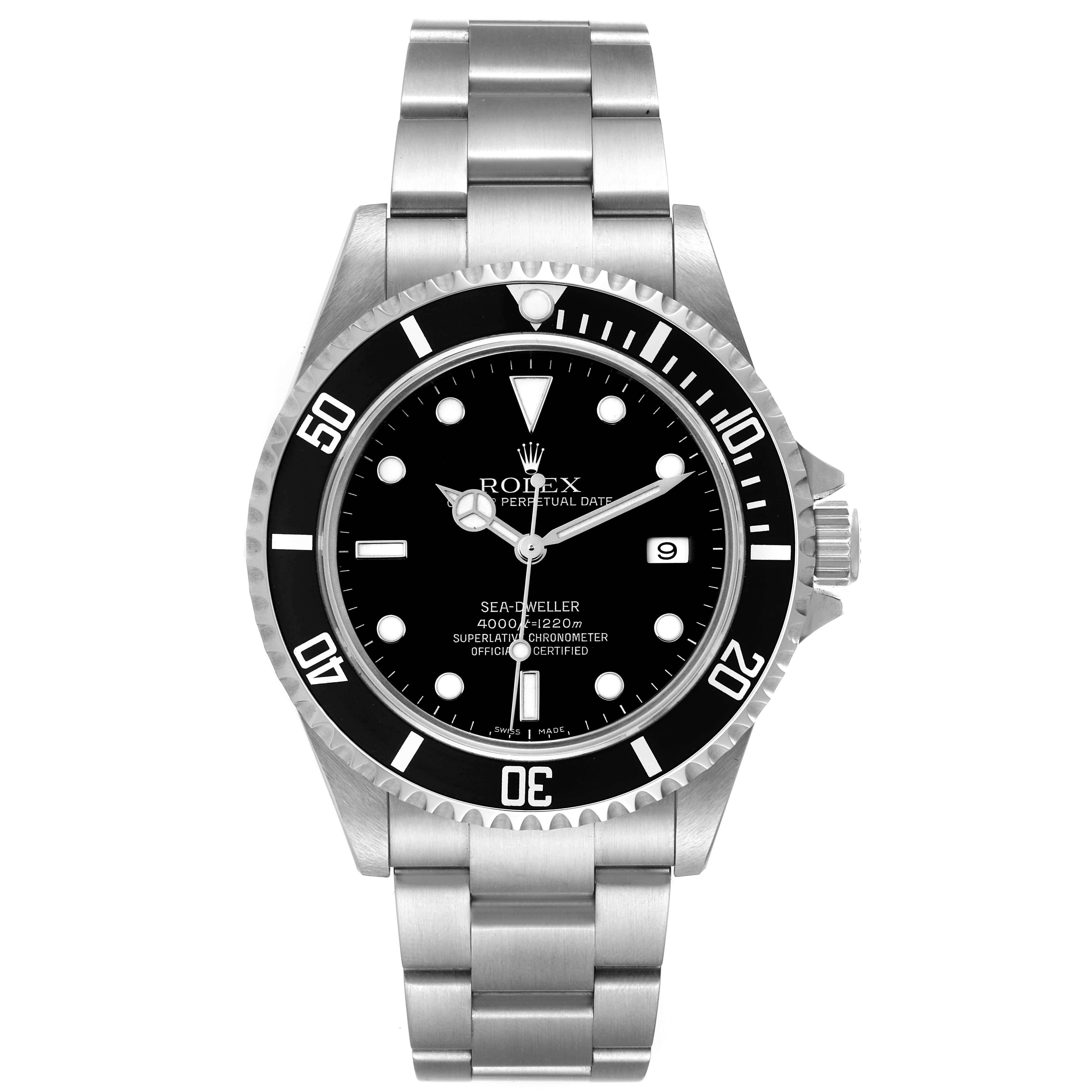 This image shows a front view of the Rolex Sea-Dweller 16600T Men's Stainless Steel Black Dial 16600T Men's Stainless Steel Black Dial watch, displaying the dial, bezel, and bracelet.