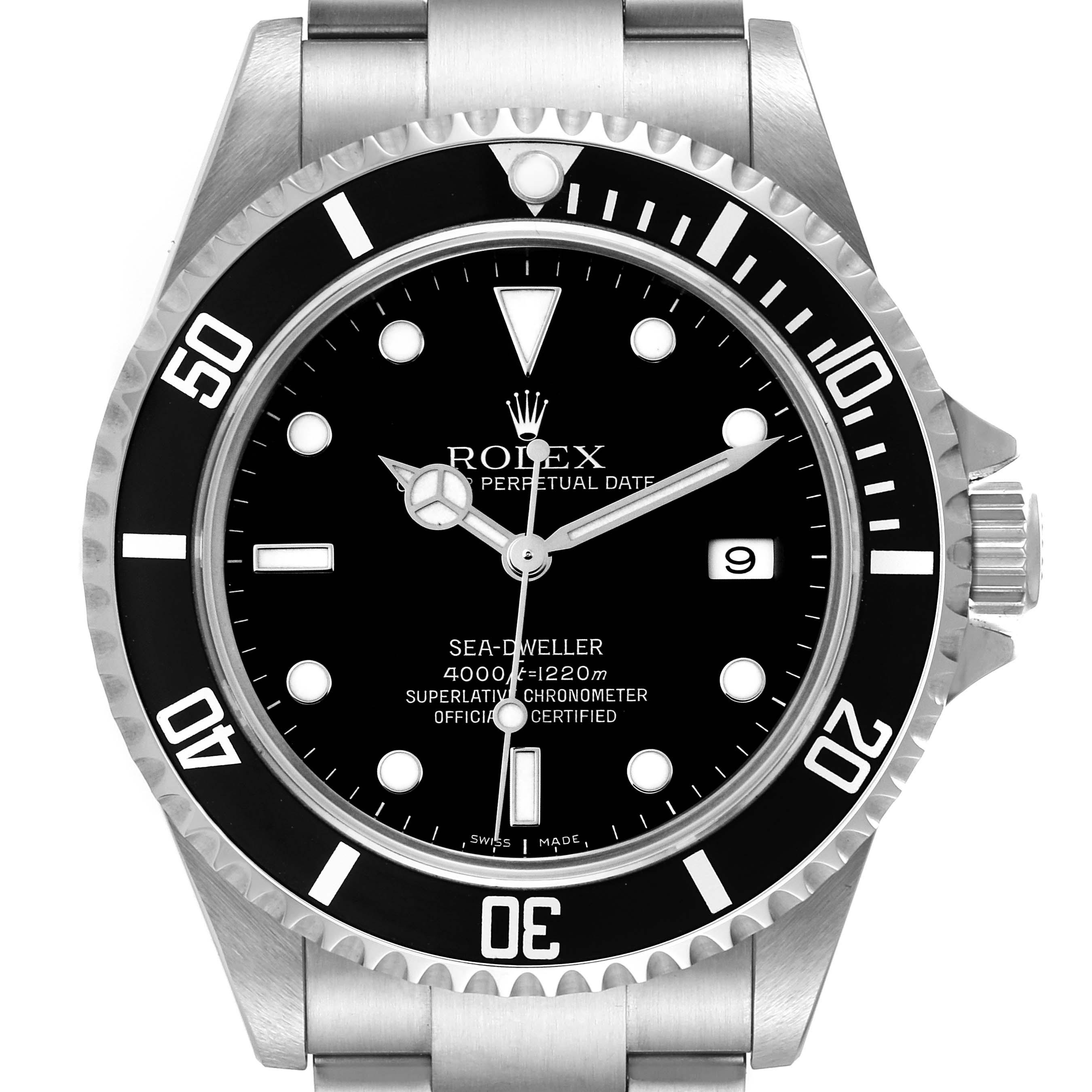 The image shows a front view of a Rolex Sea-Dweller 16600T Men's Stainless Steel Black Dial 16600T Men's Stainless Steel Black Dial watch, detailing the dial, bezel, hands, and crown.