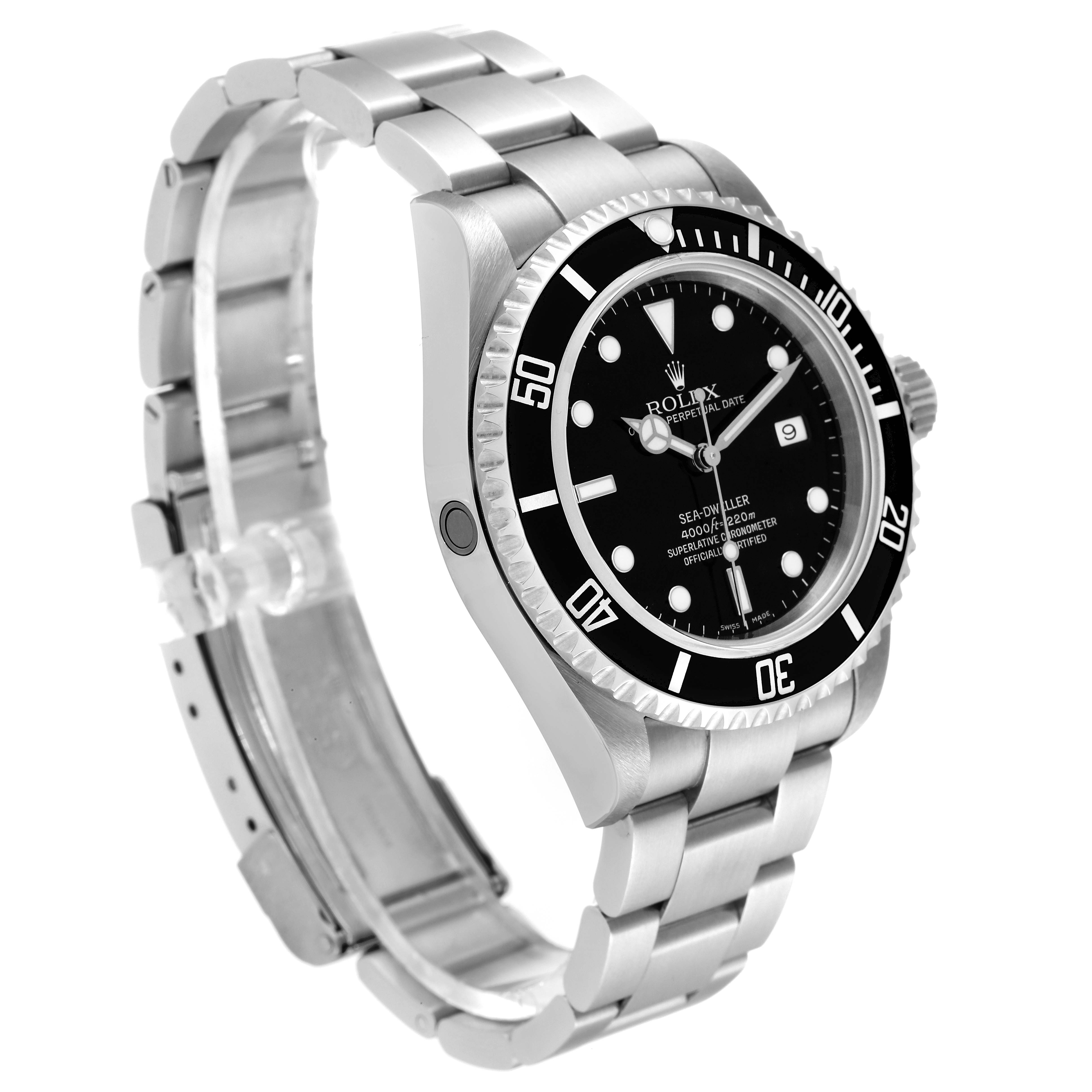 This image shows a side angle of a Rolex Sea-Dweller 16600T Men's Stainless Steel Black Dial 16600T Men's Stainless Steel Black Dial watch, highlighting the case, bezel, dial, and bracelet.