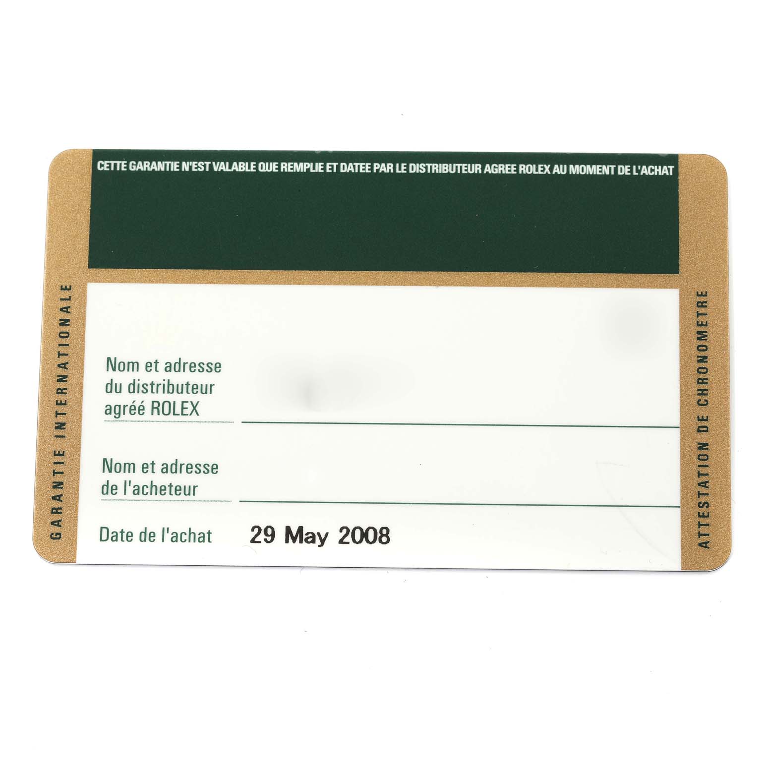 The image shows the warranty card for the Rolex Sea-Dweller 16600T Men's Stainless Steel Black Dial 16600T Men's Stainless Steel Black Dial watch, dated May 29, 2008.