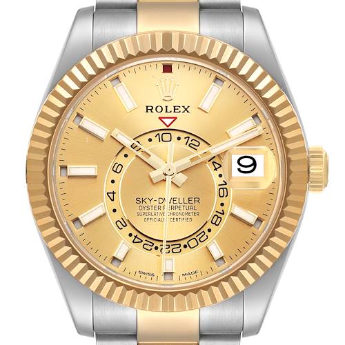 Photo of Rolex Sky Dweller Yellow Gold Steel Champagne Dial Mens Watch 326933 Box Card