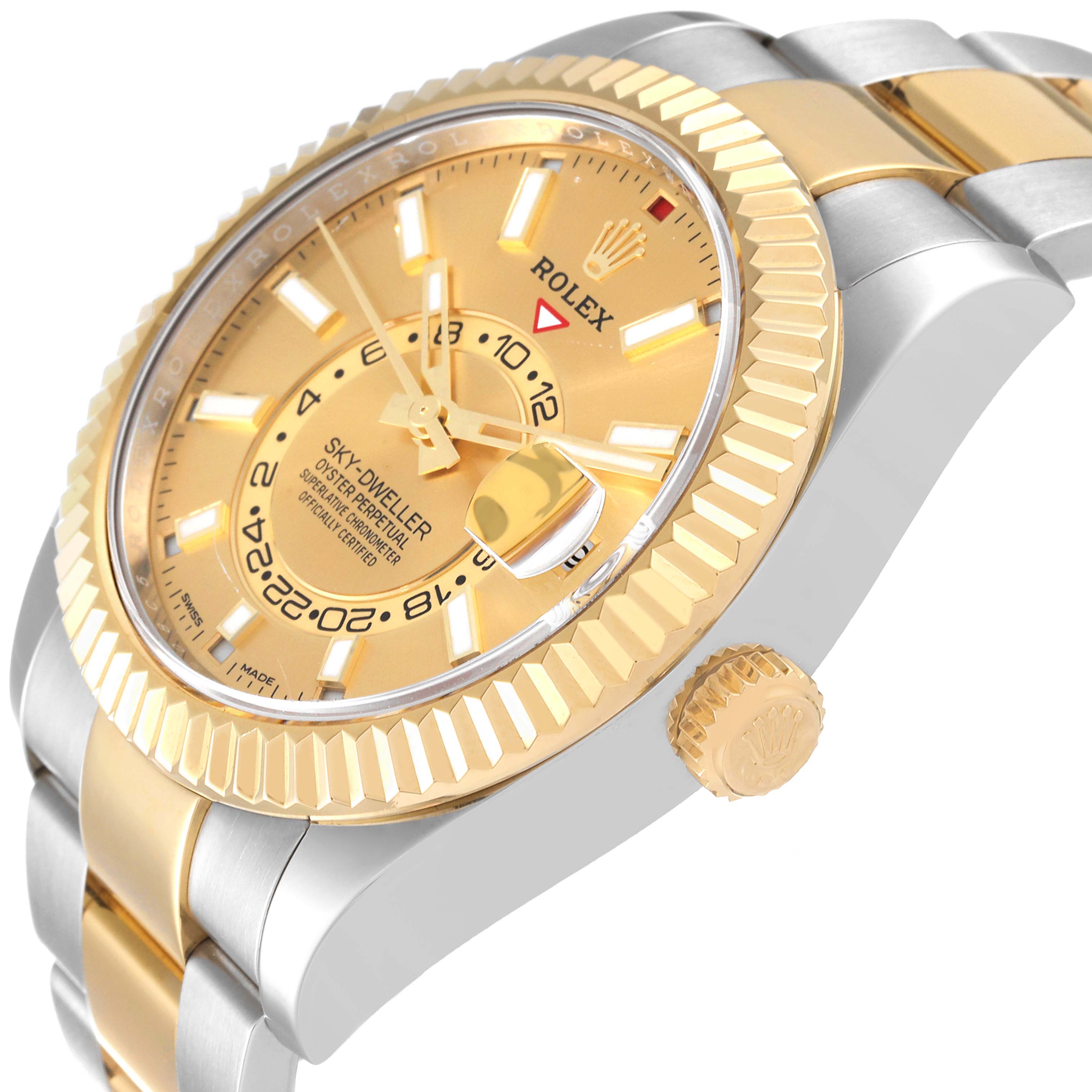 This image shows a close-up angled view of the Rolex Sky-Dweller 326933 Men's Steel and Gold (two tone) Champagne Dial 326933 Men's Steel and Gold (two tone) Champagne Dial watch, highlighting the bezel, crown, and part of the bracelet.