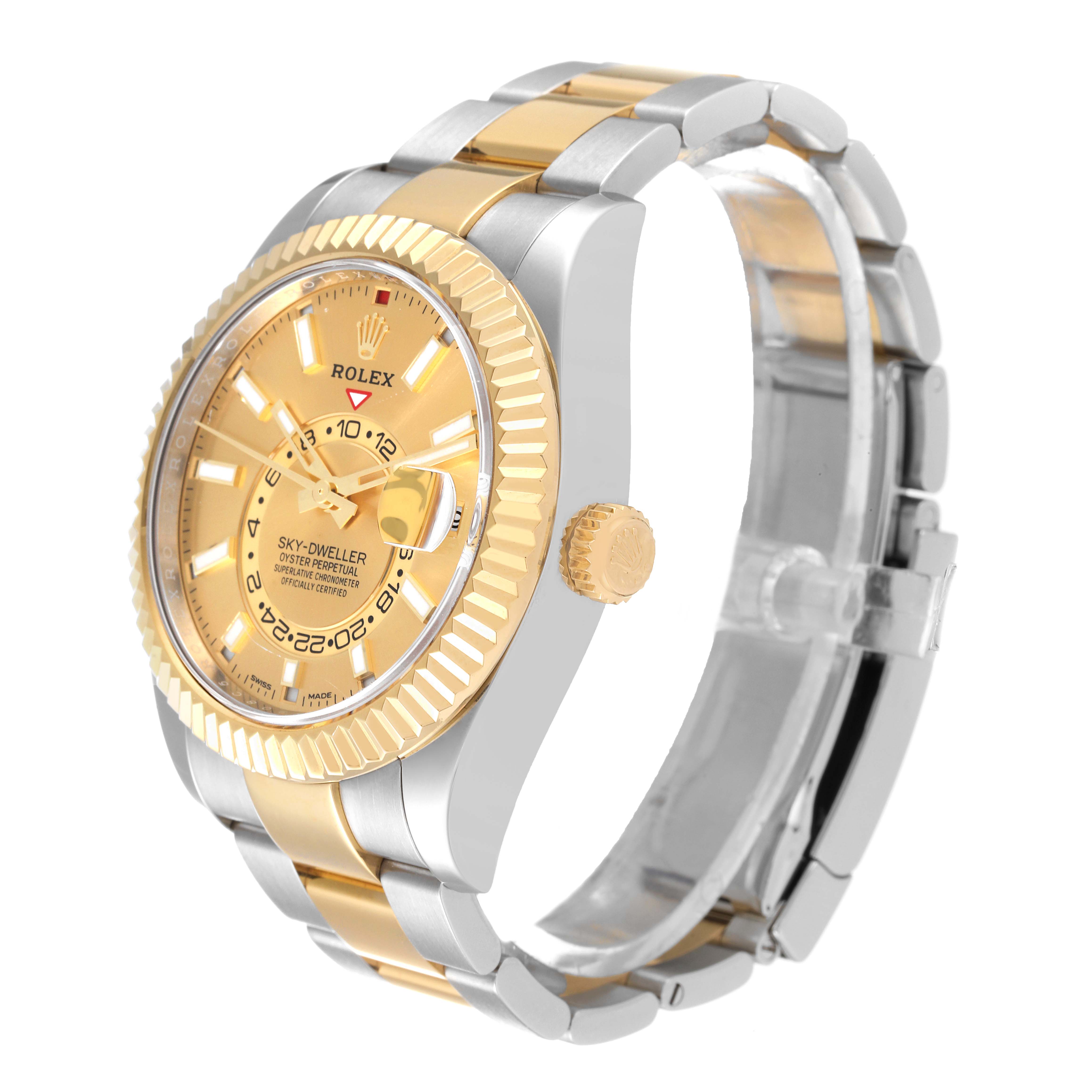 This image shows a Rolex Sky-Dweller 326933 Men's Steel and Gold (two tone) Champagne Dial 326933 Men's Steel and Gold (two tone) Champagne Dial watch at a three-quarter angle, highlighting the case, bezel, dial, crown, and bracelet.