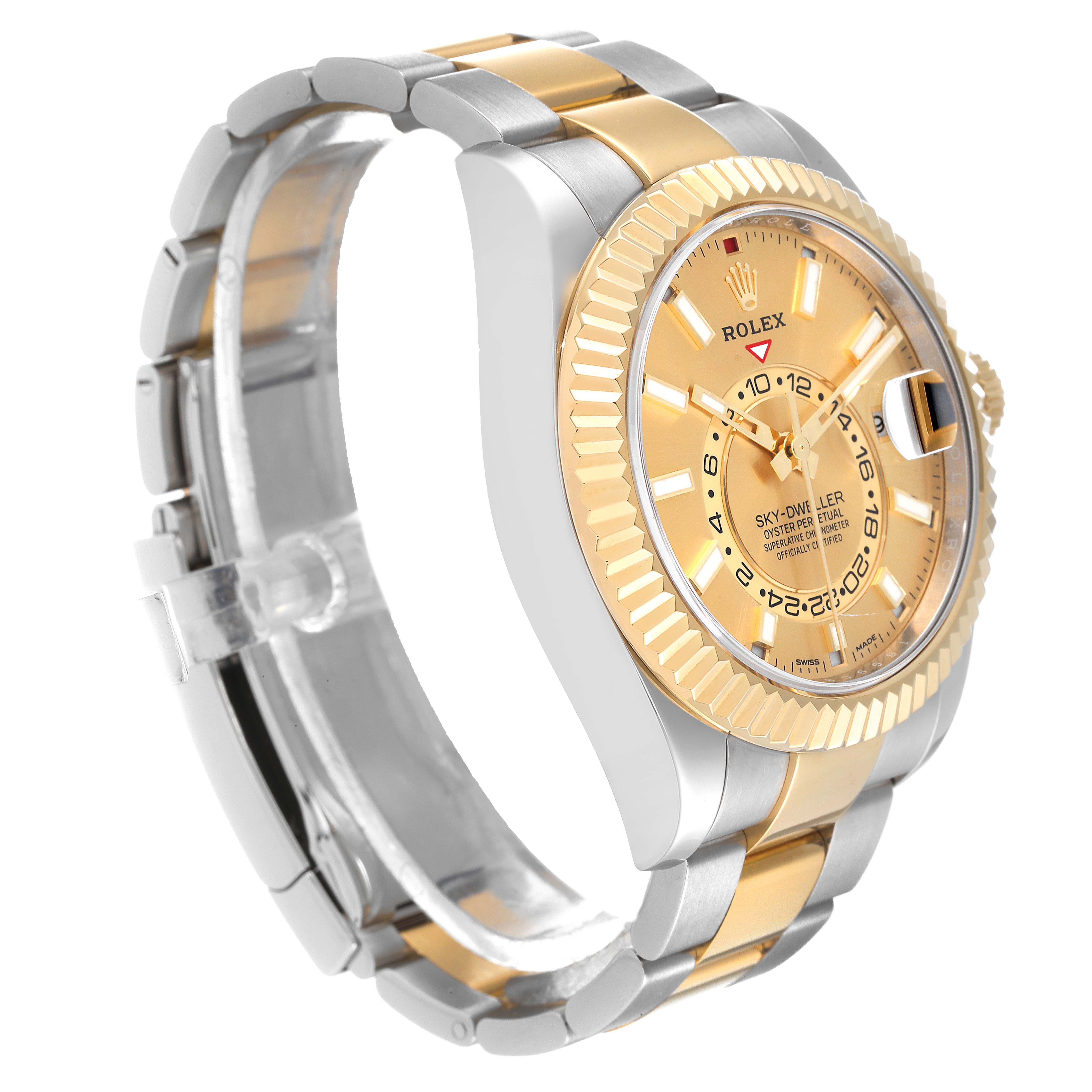 This image shows a side and angled front view of the Rolex Sky-Dweller 326933 Men's Steel and Gold (two tone) Champagne Dial 326933 Men's Steel and Gold (two tone) Champagne Dial watch, highlighting its bezel, dial, and bracelet.