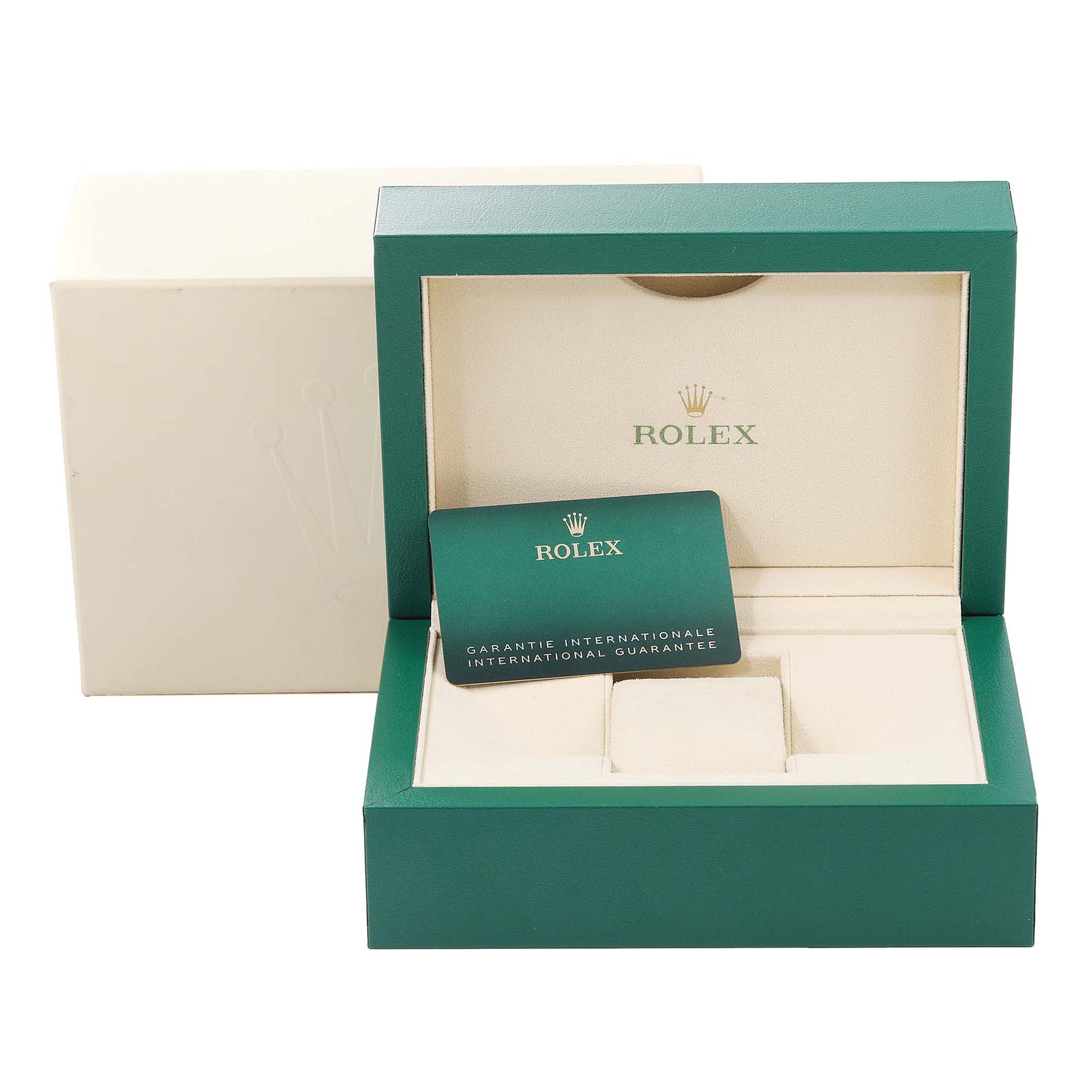 The image shows an open green box and international guarantee card for the Rolex Sky-Dweller 326933 Men's Steel and Gold (two tone) Champagne Dial 326933 Men's Steel and Gold (two tone) Champagne Dial model.