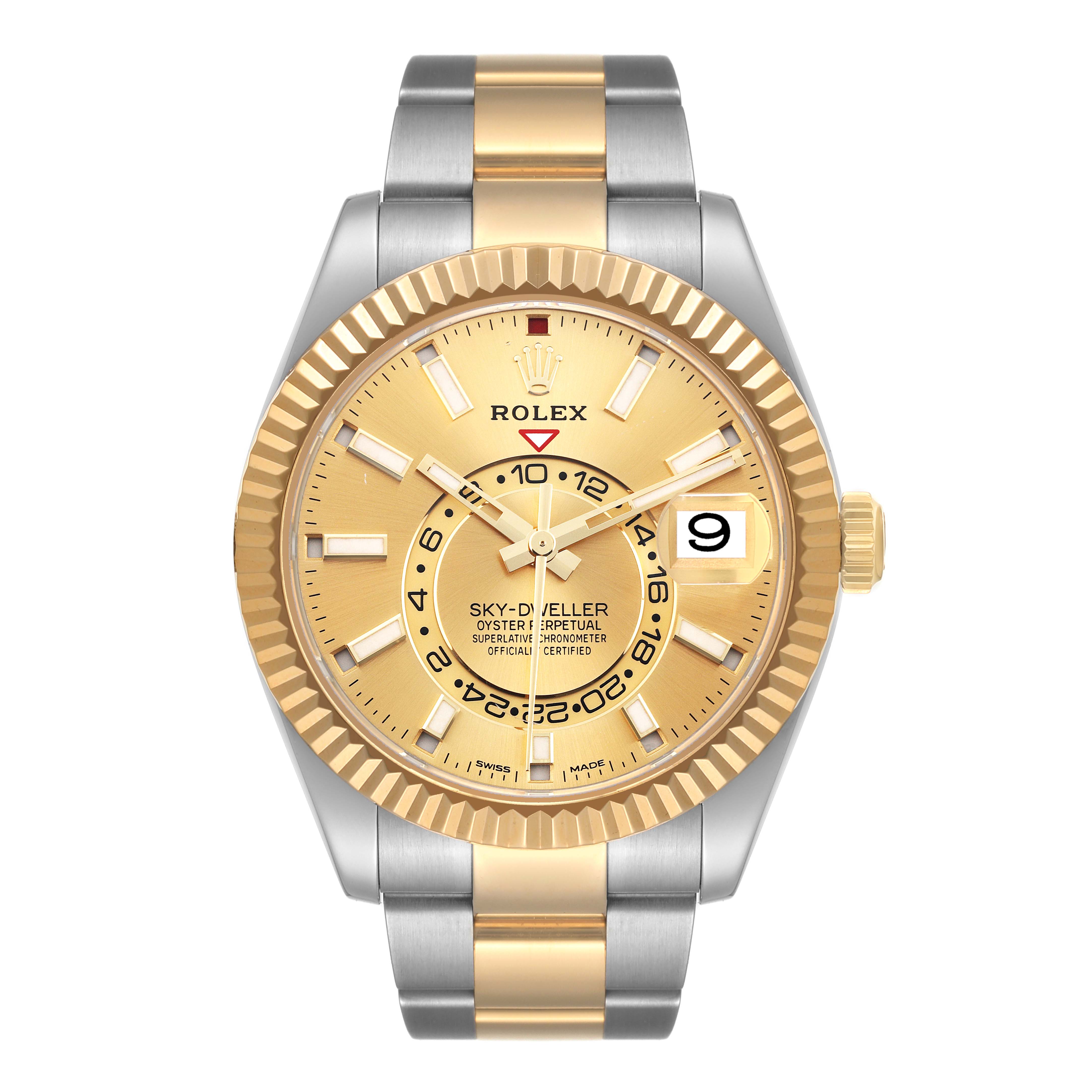 The image shows a front view of the Rolex Sky-Dweller 326933 Men's Steel and Gold (two tone) Champagne Dial 326933 Men's Steel and Gold (two tone) Champagne Dial watch, highlighting its golden dial, bezel, and two-tone bracelet.