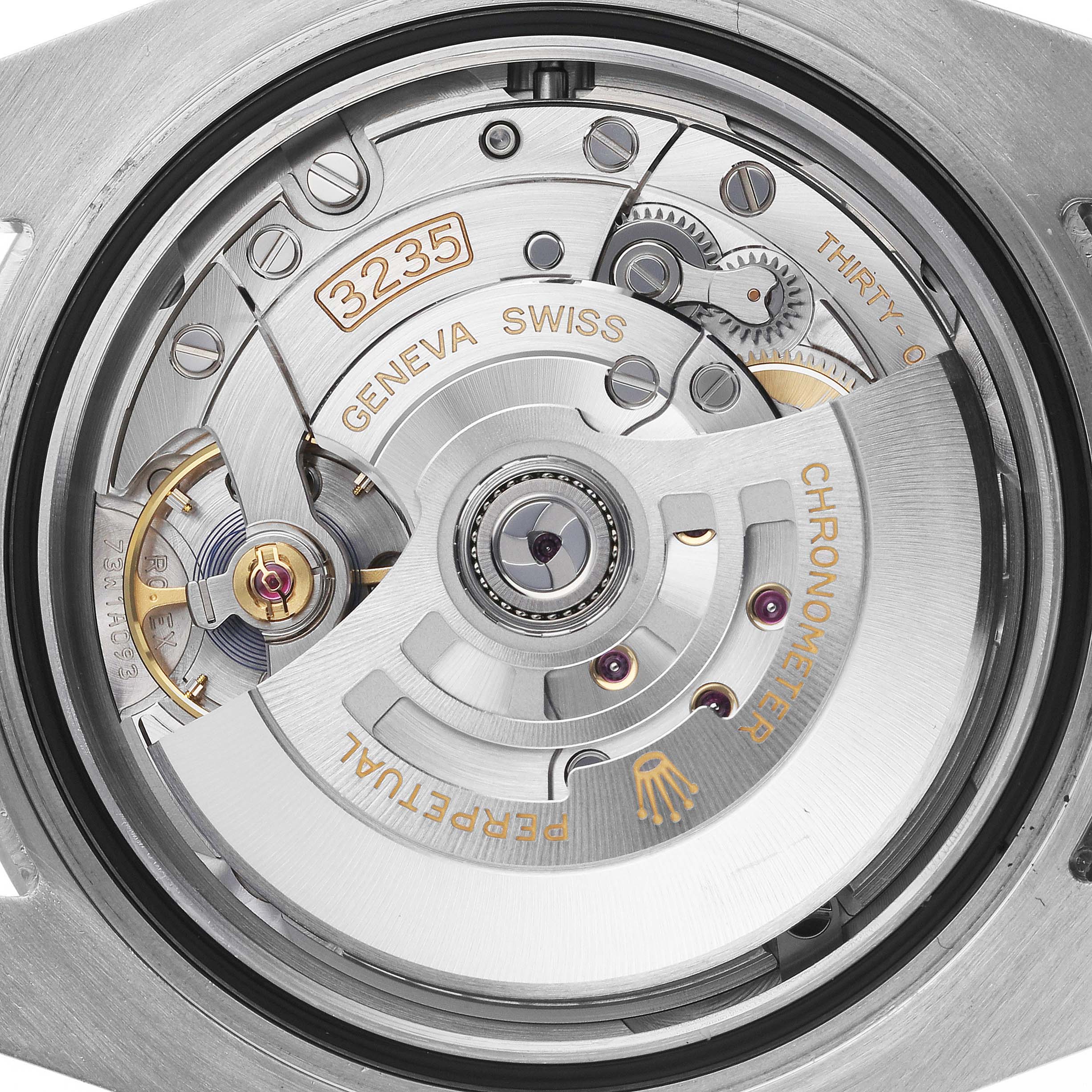 The image shows the movement of a Rolex Submariner 126610LN Men
s Stainless Steel Black Dial 126610LN Men
s Stainless Steel Black Dial, detailing the rotor and internal mechanics from the back.