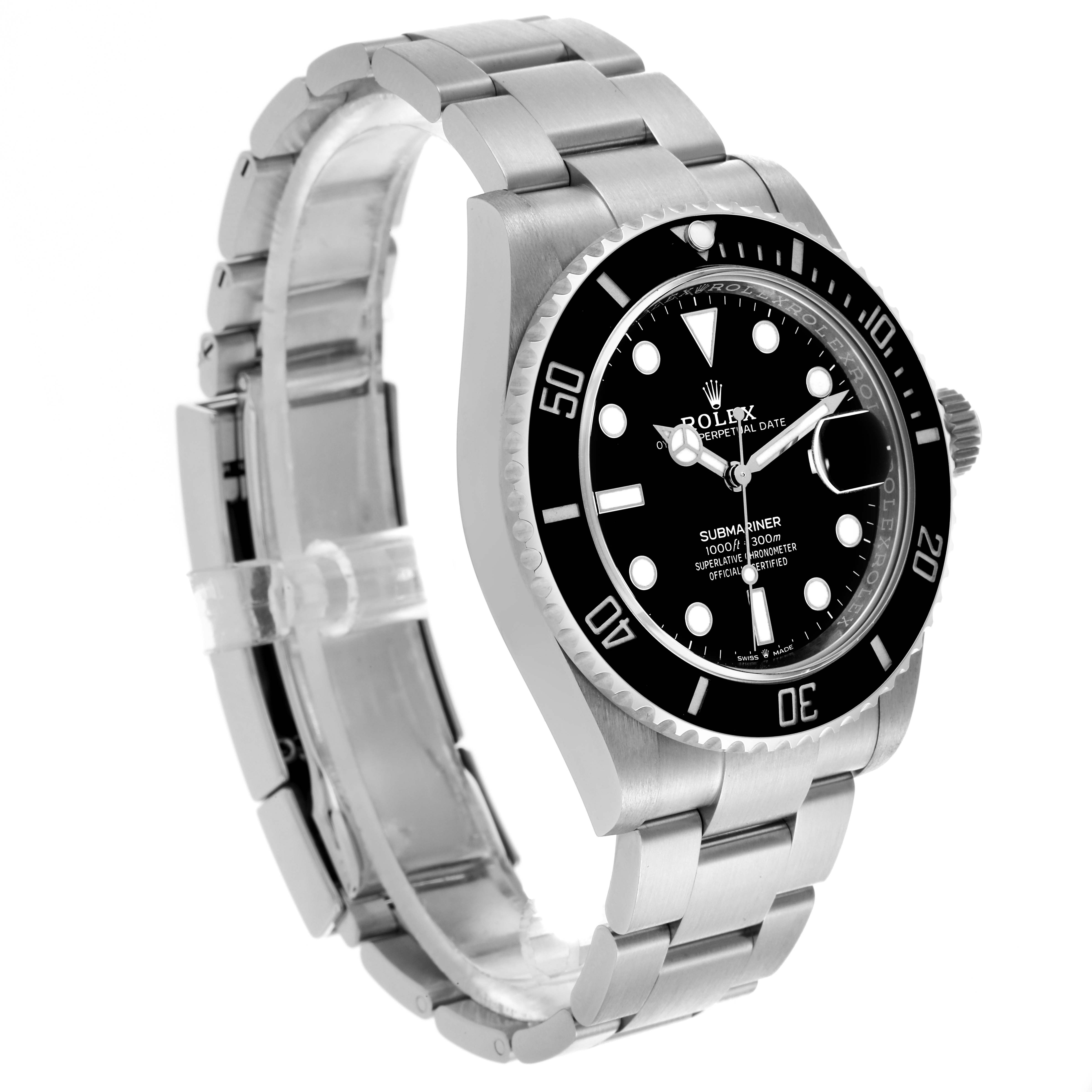 The Rolex Submariner 126610LN Men
s Stainless Steel Black Dial 126610LN Men
s Stainless Steel Black Dial watch is shown at a slight angle, displaying the bezel, face, bracelet, and crown.