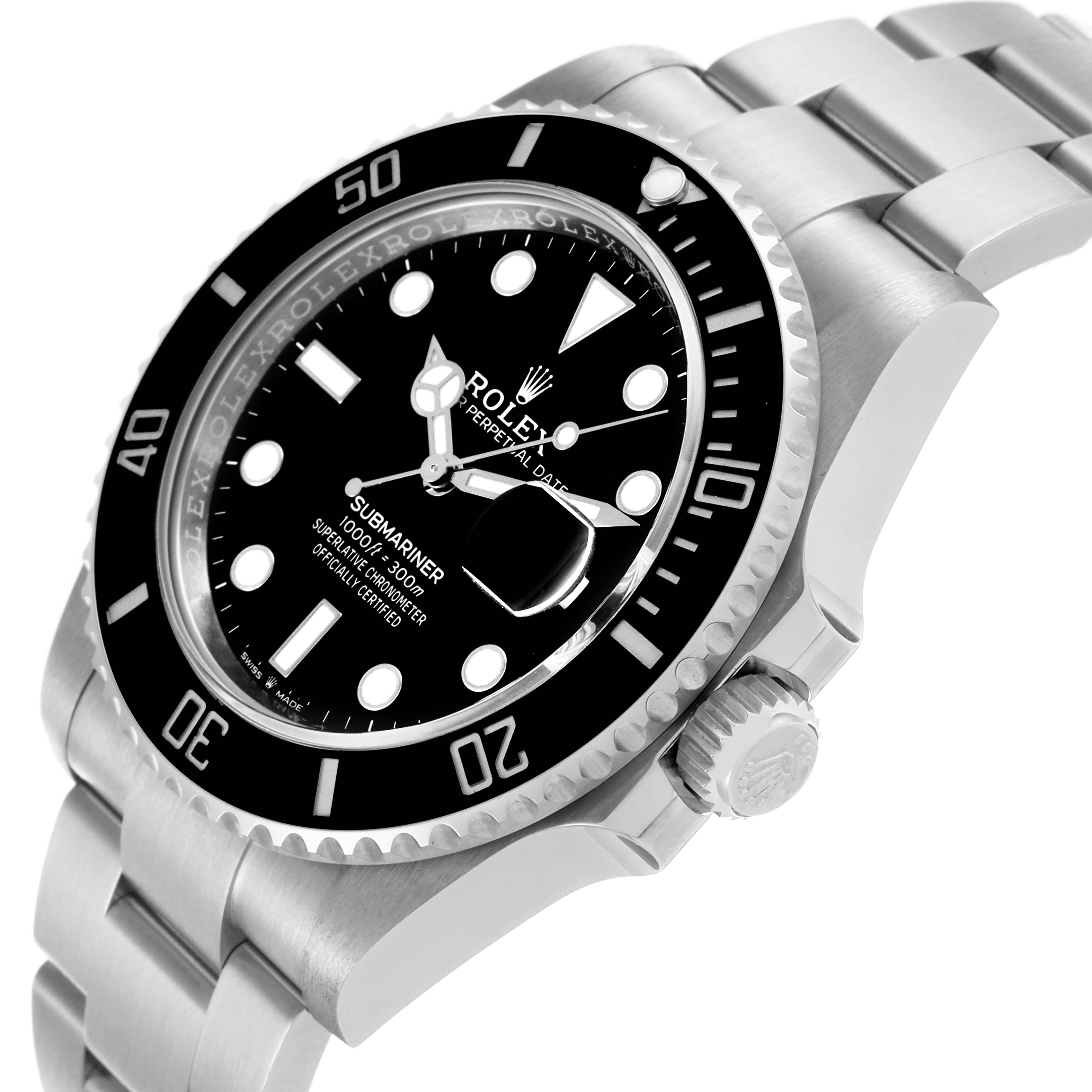 The Rolex Submariner 126610LN Men
s Stainless Steel Black Dial 126610LN Men
s Stainless Steel Black Dial watch is shown from a three-quarter angle, displaying the dial, bezel, crown, and bracelet.