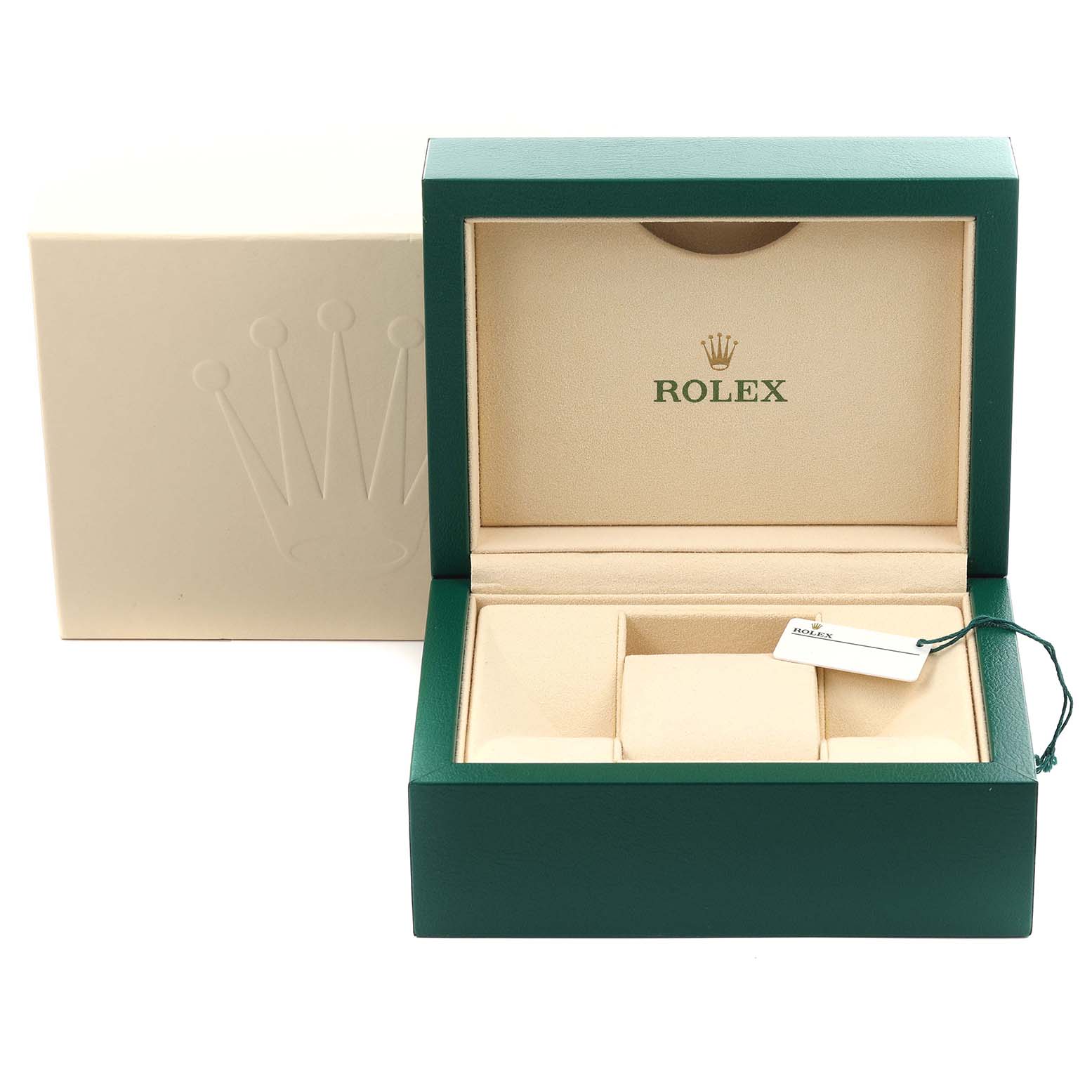 The image shows an open Rolex Submariner 126610LN Men
s Stainless Steel Black Dial 126610LN Men
s Stainless Steel Black Dial watch box, displaying its interior compartments and a Rolex tag.