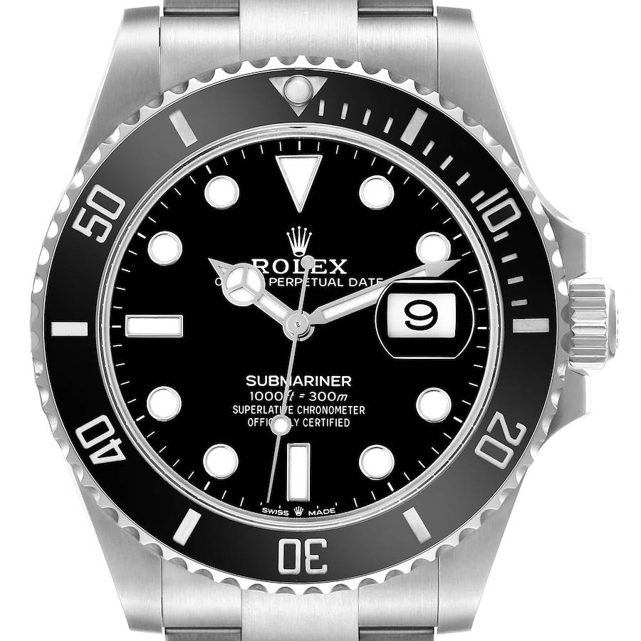 The Rolex Submariner is shown from a front angle, highlighting its dial, bezel, and crown.