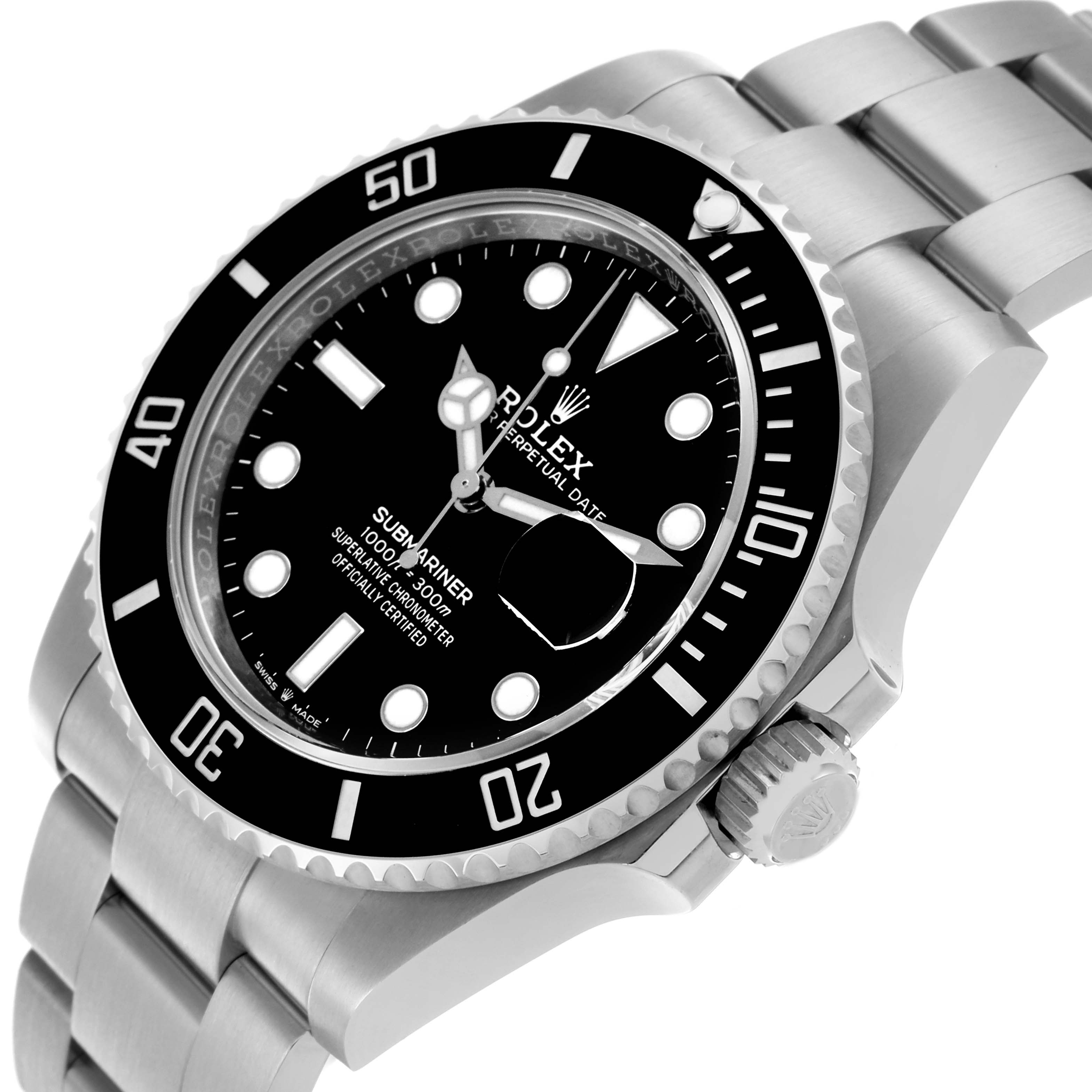 The Rolex Submariner 126610LN Men
s Stainless Steel Black Dial 126610LN Men
s Stainless Steel Black Dial watch is shown at an angled view, highlighting the dial, bezel, bracelet, and crown.