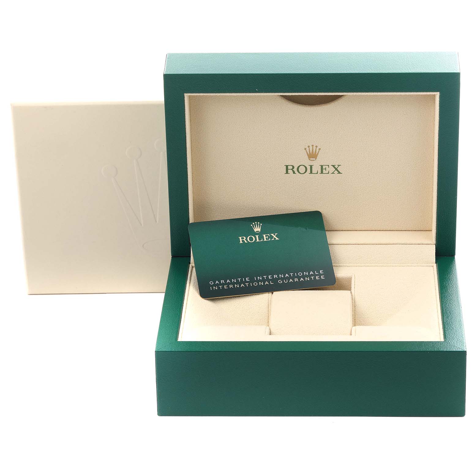 The image shows a Rolex Submariner 126610LN Men
s Stainless Steel Black Dial 126610LN Men
s Stainless Steel Black Dial box and an international guarantee card, viewed from the front.