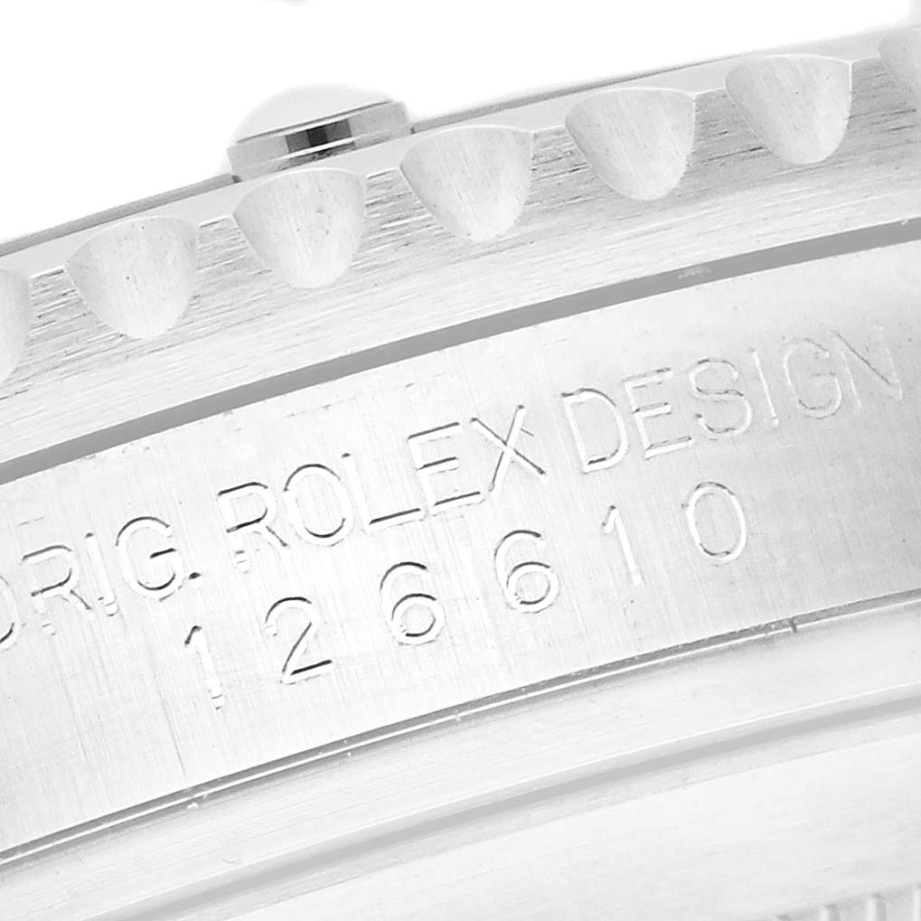 The image shows a close-up of the side of the Rolex Submariner 126610LN Men
s Stainless Steel Black Dial 126610LN Men
s Stainless Steel Black Dial watch case, revealing the engraved model number.