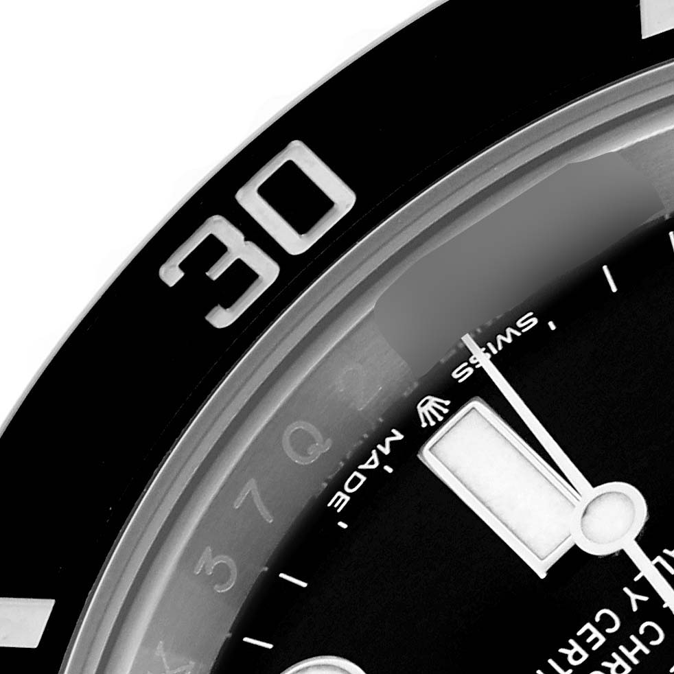 The close-up angle shows the bezel and dial details of the Rolex Submariner 126610LN Men
s Stainless Steel Black Dial 126610LN Men
s Stainless Steel Black Dial, highlighting the "30" marker and part of the hands.