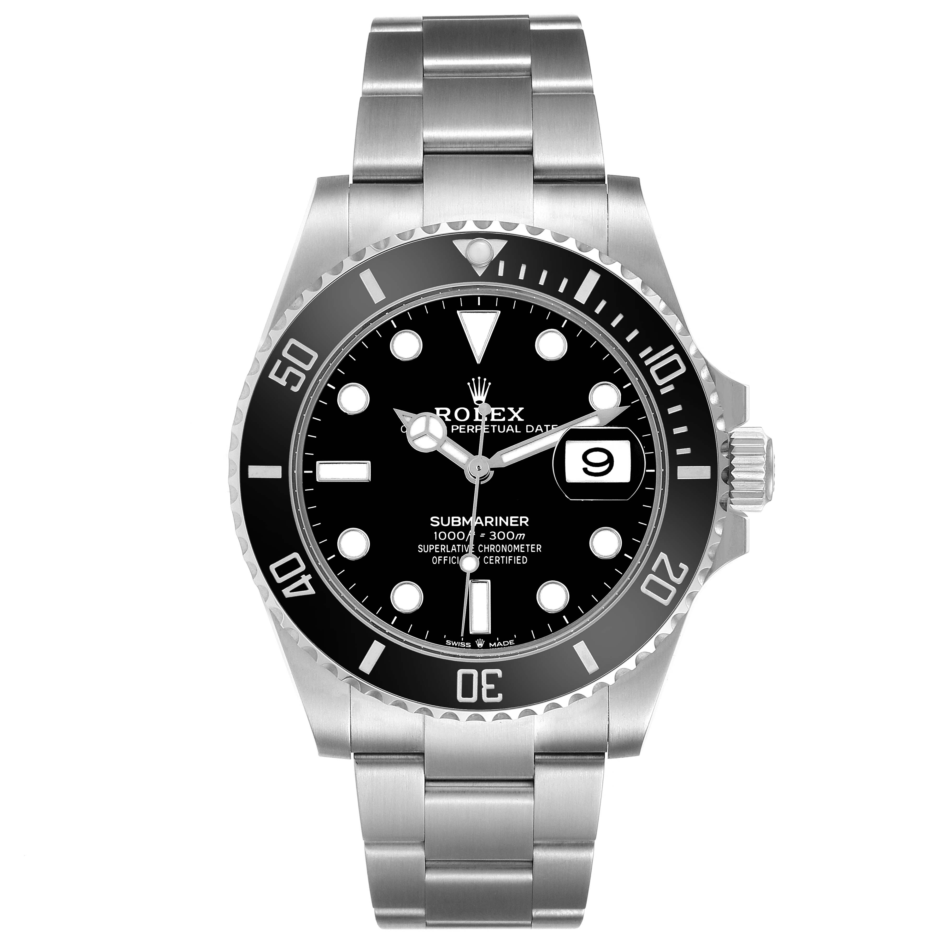 The Rolex Submariner 126610LN Men
s Stainless Steel Black Dial 126610LN Men
s Stainless Steel Black Dial is shown from the front, displaying the dial, bezel, crown, and bracelet.