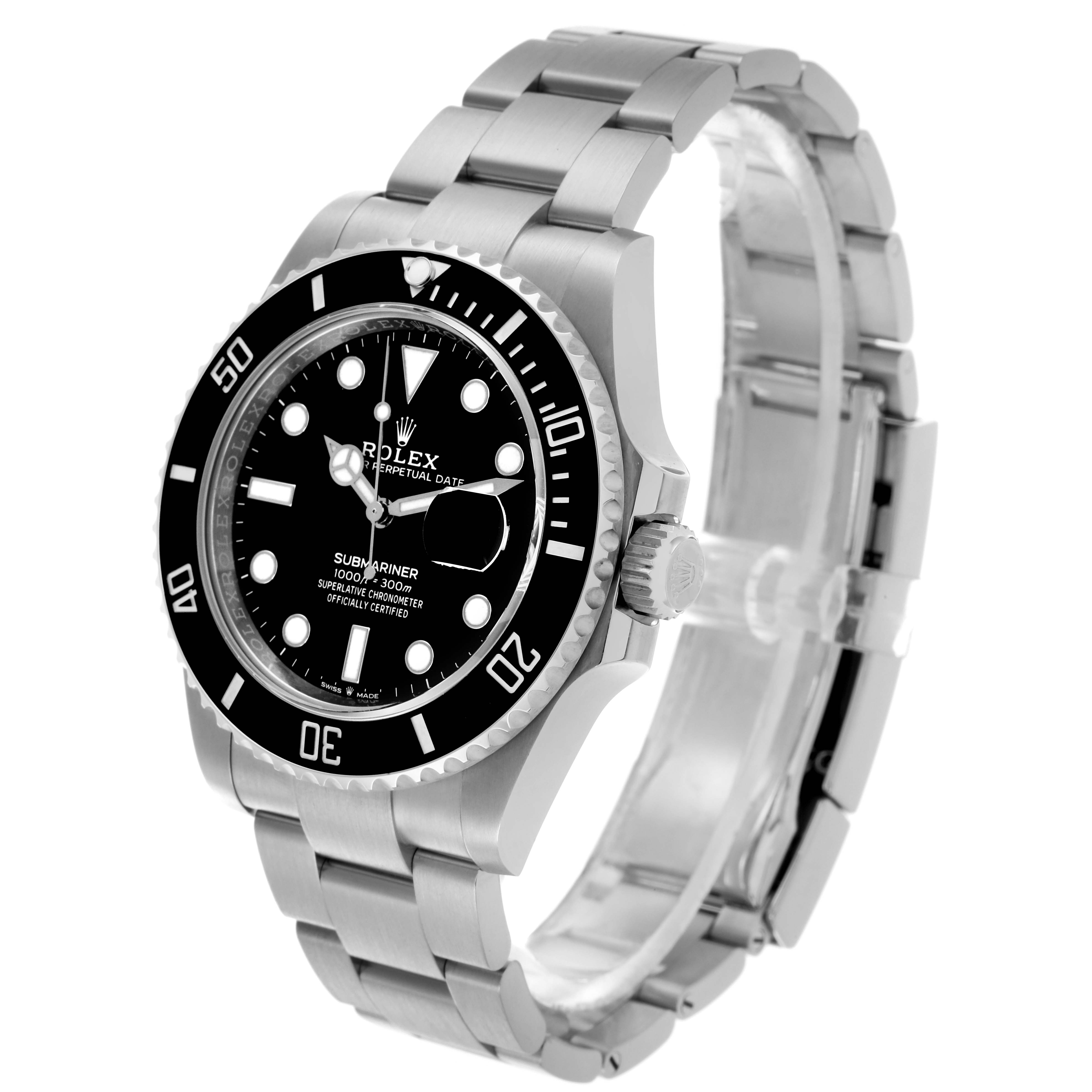 The Rolex Submariner 126610LN Men
s Stainless Steel Black Dial 126610LN Men
s Stainless Steel Black Dial watch is shown at an angle displaying the face, bezel, bracelet, and crown.