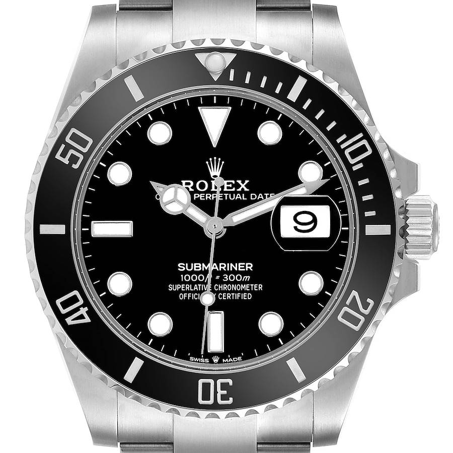 The Rolex Submariner watch is shown from the front, displaying the face, bezel, dial, and part of the bracelet.