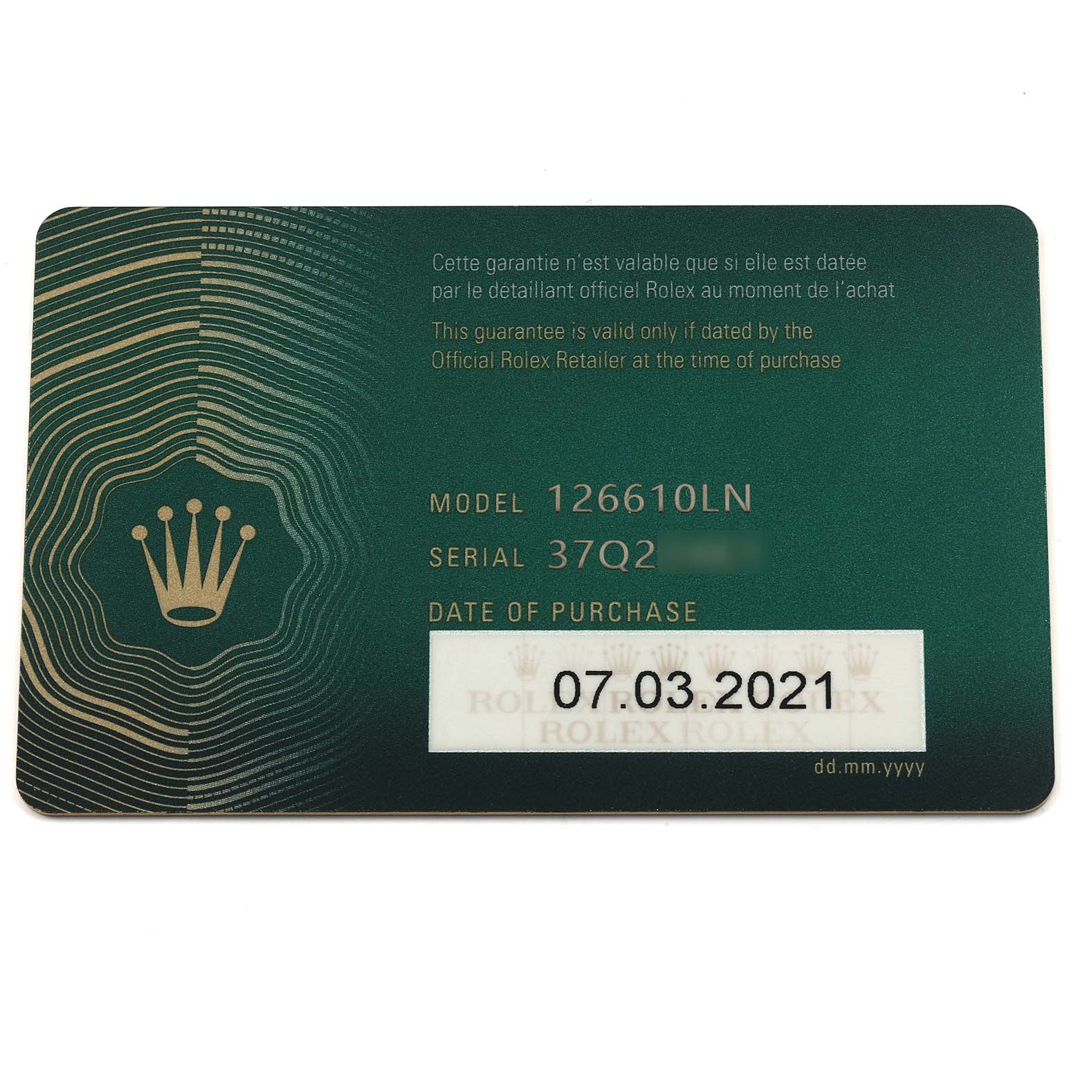 The image shows a warranty card for a Rolex Submariner 126610LN Men
s Stainless Steel Black Dial 126610LN Men
s Stainless Steel Black Dial, model 126610LN.