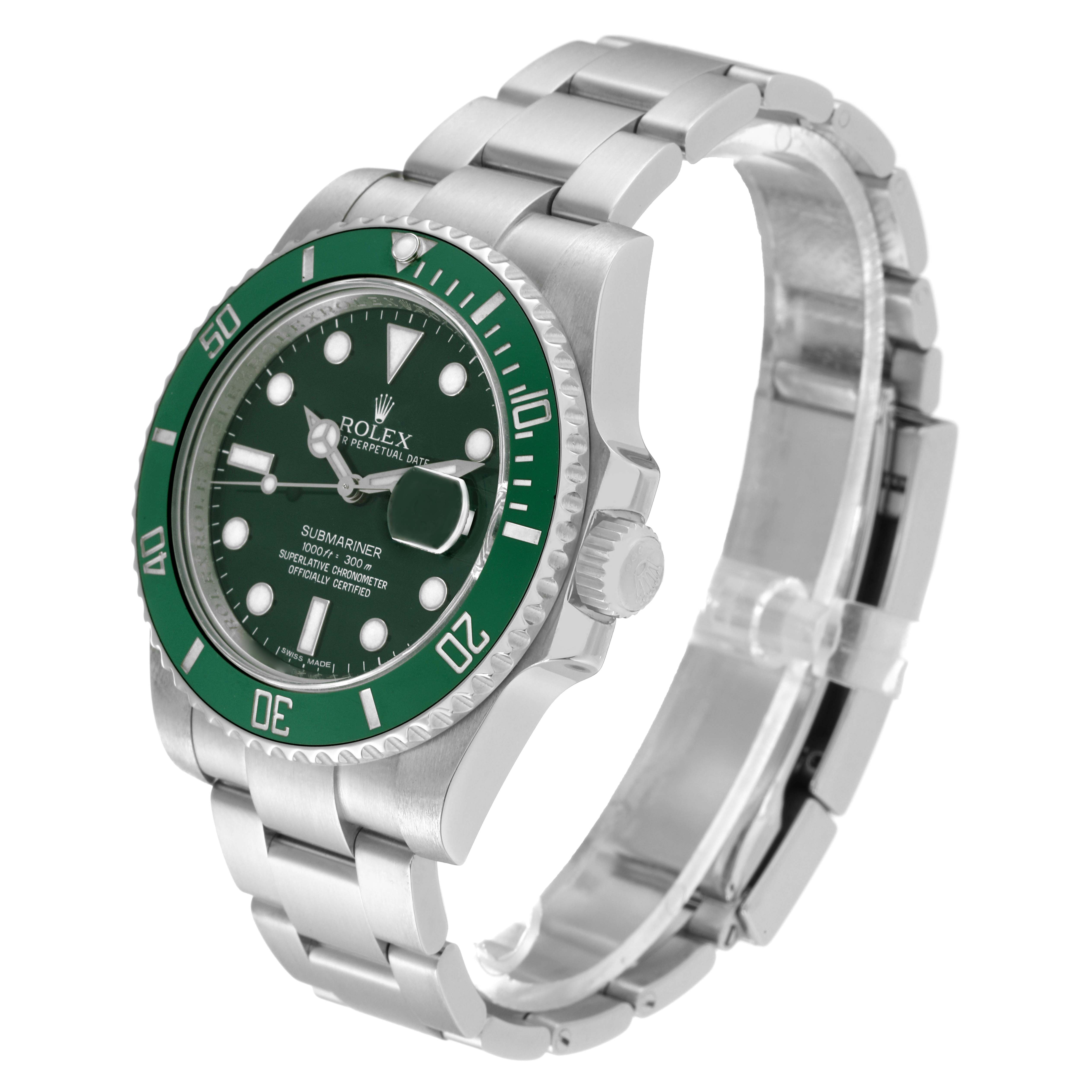The image shows a Rolex Submariner 116610LV Men
s Stainless Steel Green Dial 116610LV Men
s Stainless Steel Green Dial at a three-quarter angle, highlighting the watch face, bezel, crown, and stainless steel bracelet.