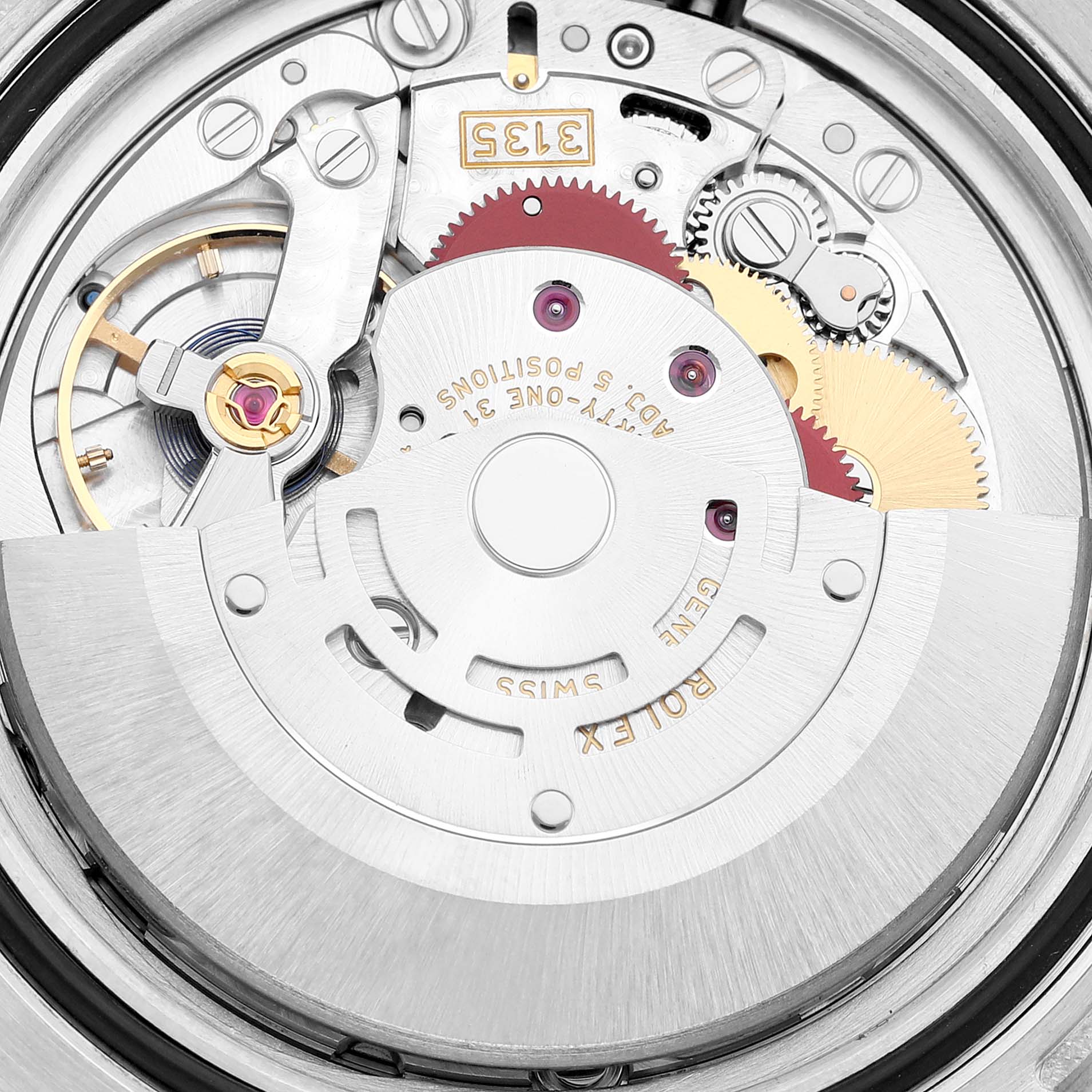 The image shows a close-up view of the inner mechanical movement of a Rolex Submariner 116610LV Men
s Stainless Steel Green Dial 116610LV Men
s Stainless Steel Green Dial watch.