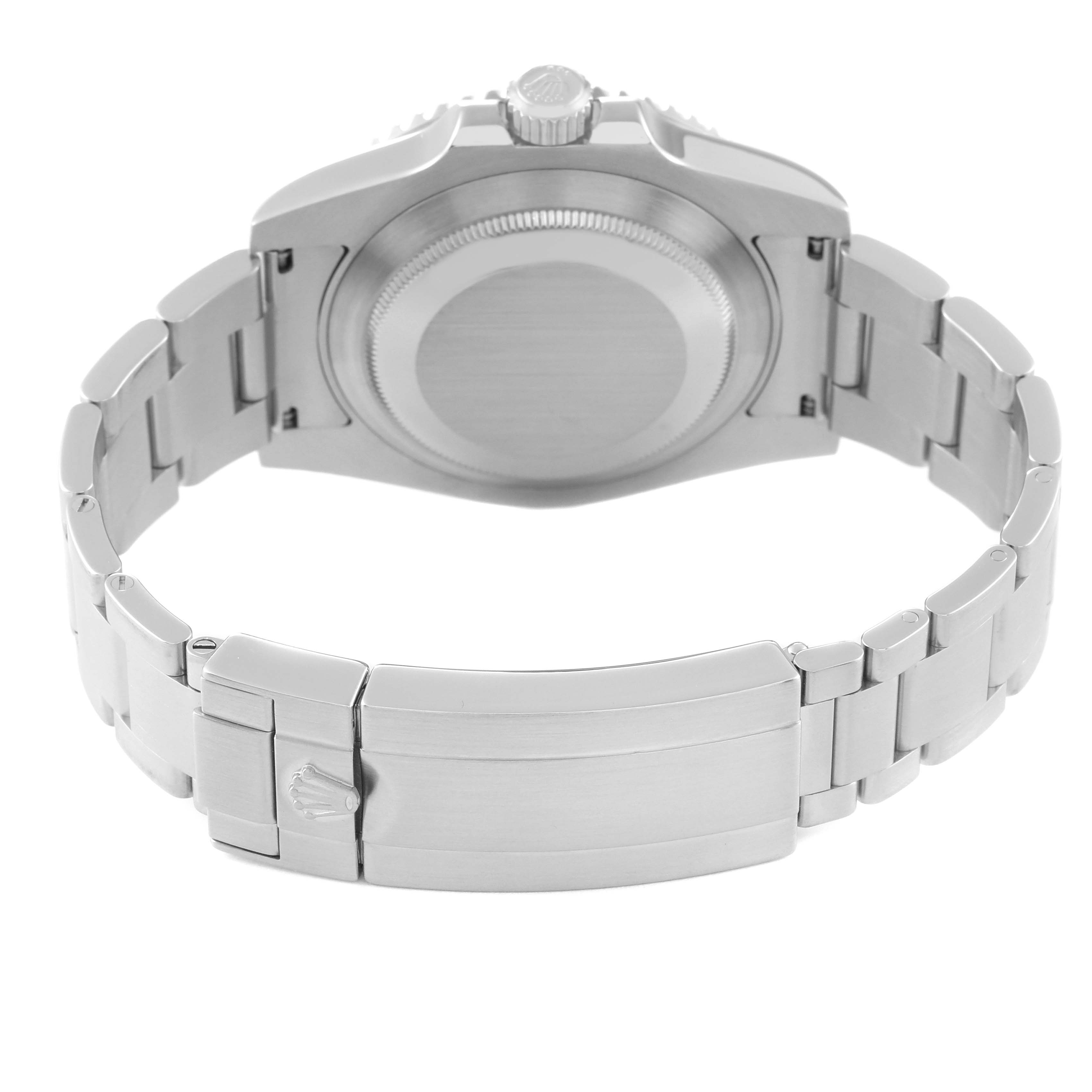 The image shows the back case and stainless steel bracelet with clasp of a Rolex Submariner 116610LV Men
s Stainless Steel Green Dial 116610LV Men
s Stainless Steel Green Dial watch.