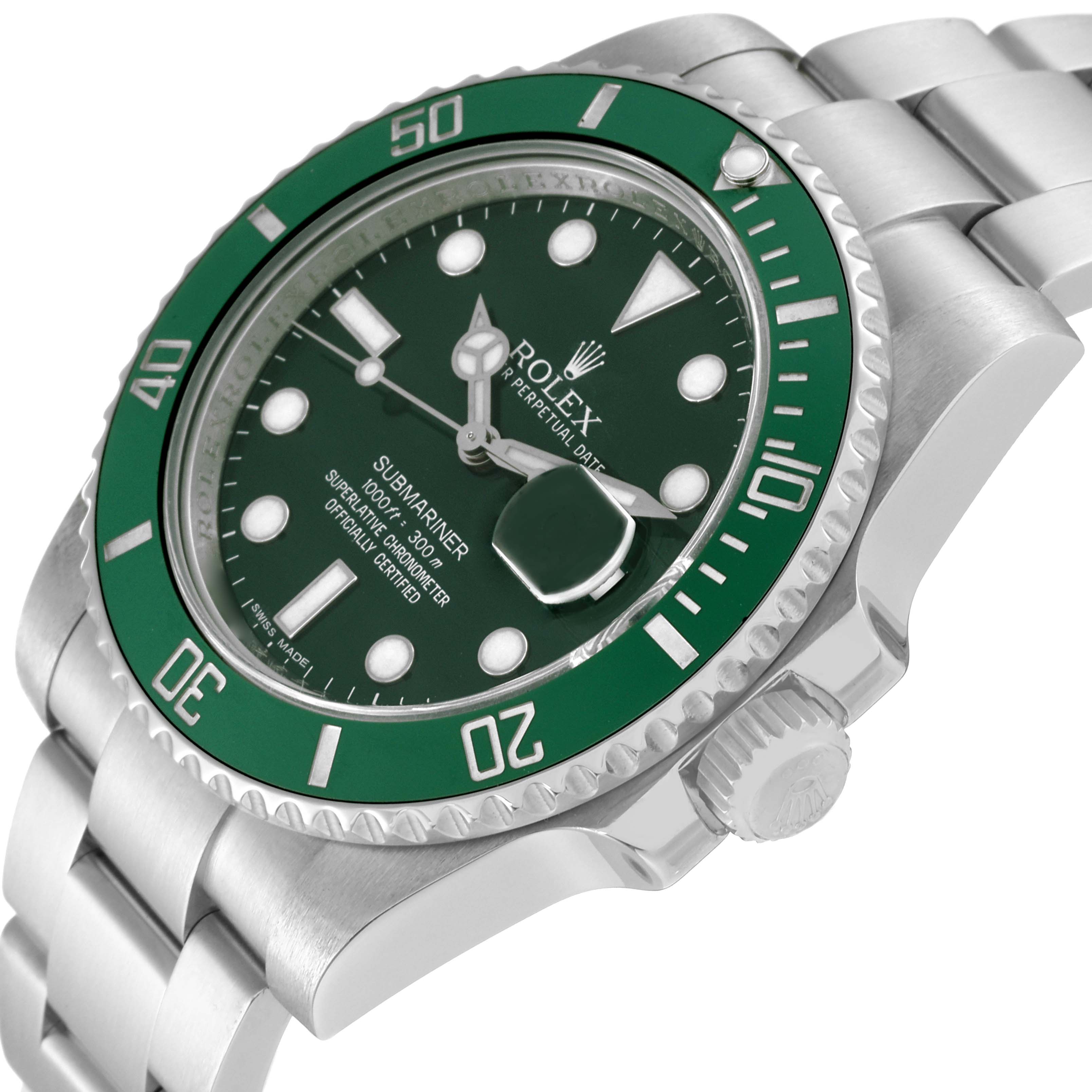 The image shows a Rolex Submariner 116610LV Men
s Stainless Steel Green Dial 116610LV Men
s Stainless Steel Green Dial watch at an angled view, highlighting its green bezel, dial, and silver bracelet.