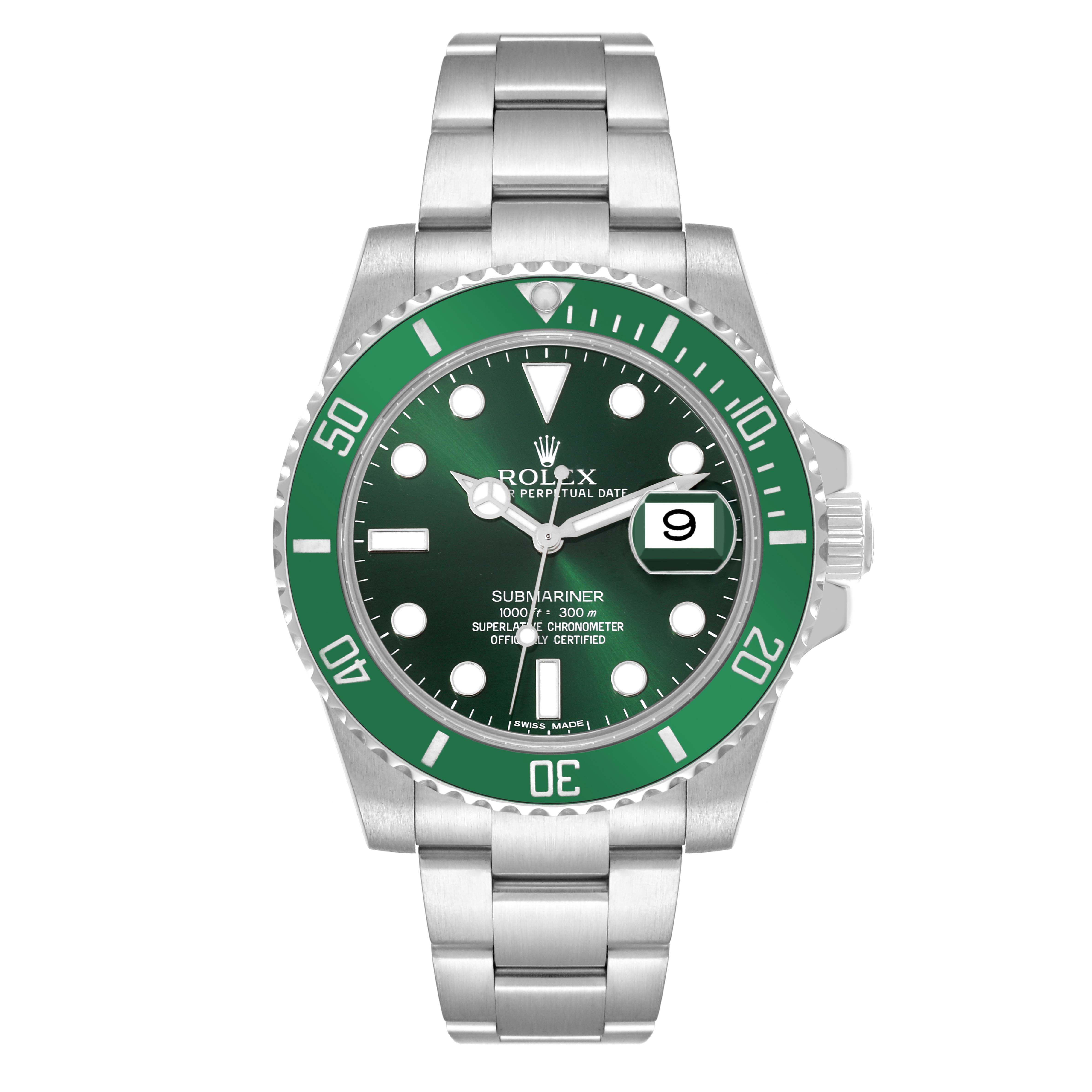 The image shows a front view of a Rolex Submariner 116610LV Men
s Stainless Steel Green Dial 116610LV Men
s Stainless Steel Green Dial watch, highlighting its green bezel, dial, hands, and bracelet.