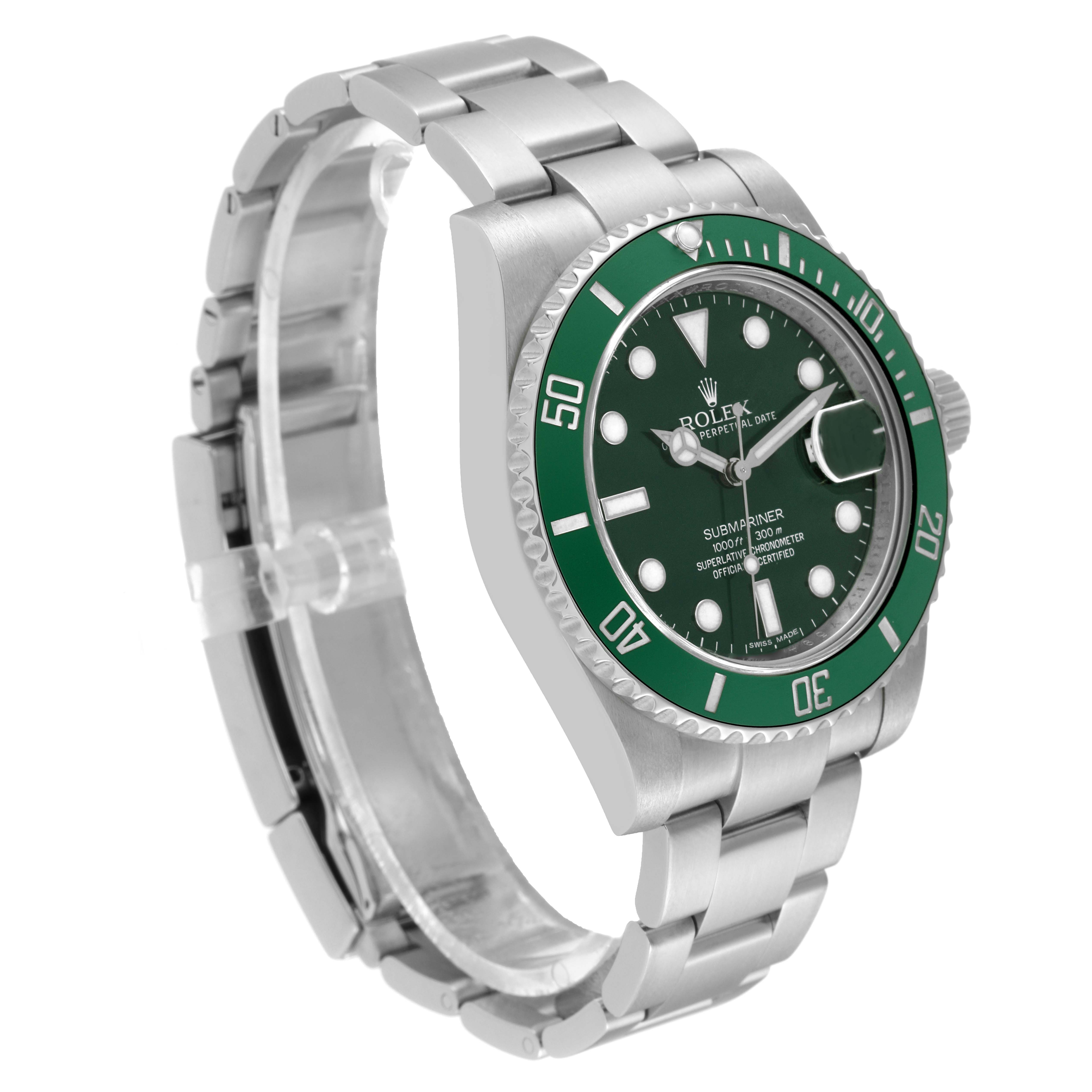 The Rolex Submariner 116610LV Men
s Stainless Steel Green Dial 116610LV Men
s Stainless Steel Green Dial watch is shown at a three-quarter angle displaying the dial, bezel, bracelet, and crown.