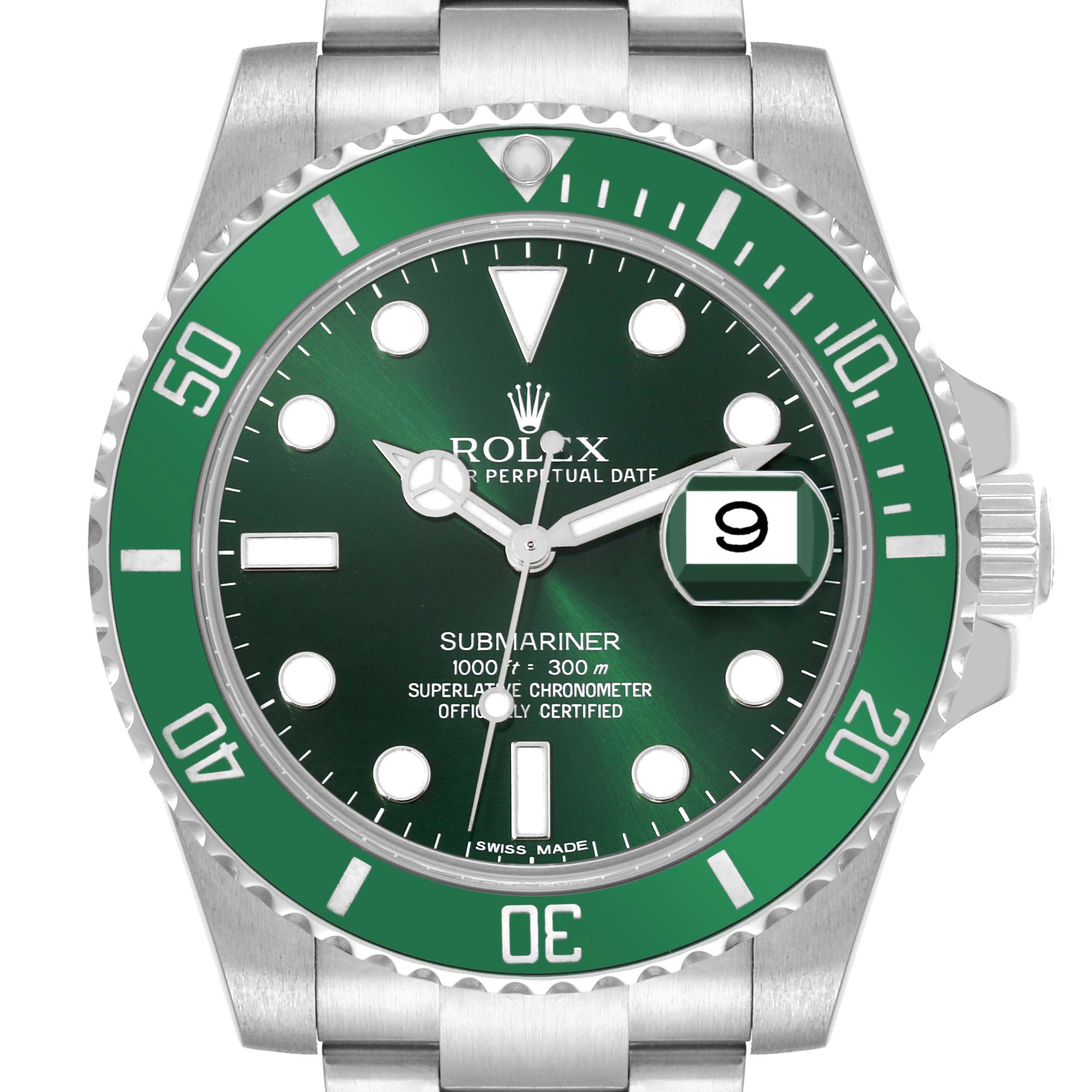 The image shows a Rolex Submariner 116610LV Men
s Stainless Steel Green Dial 116610LV Men
s Stainless Steel Green Dial watch facing forward, displaying its green bezel, dial, bracelet, and date window.