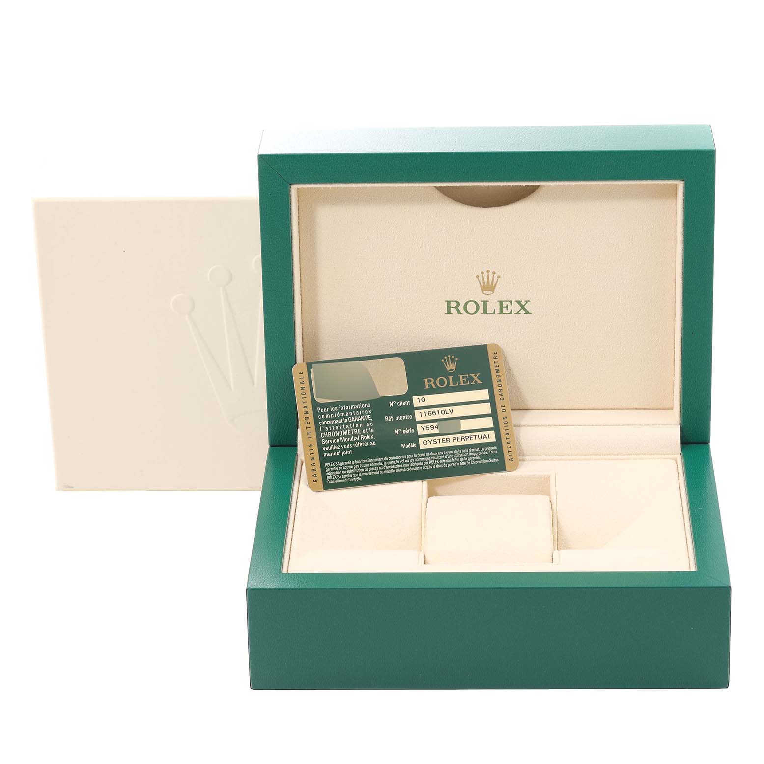The image shows a Rolex Submariner 116610LV Men
s Stainless Steel Green Dial 116610LV Men
s Stainless Steel Green Dial watch box with a warranty card inside it.