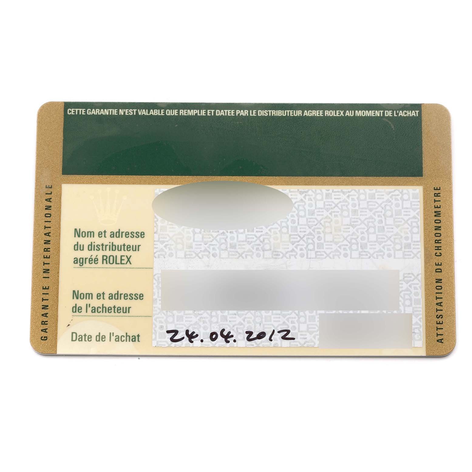 The image shows a warranty card for a Rolex Submariner 116610LV Men
s Stainless Steel Green Dial 116610LV Men
s Stainless Steel Green Dial watch, featuring information fields and a date of purchase.