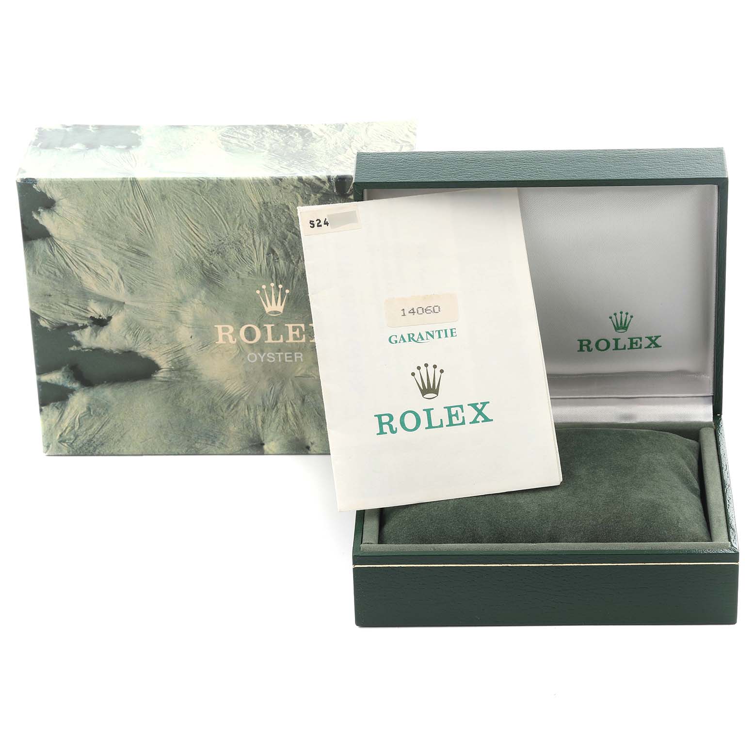 The image shows a Rolex Submariner 14060 Men
s Stainless Steel Black Dial 14060 Men
s Stainless Steel Black Dial watch box, outer box, and warranty card from a frontal angle.