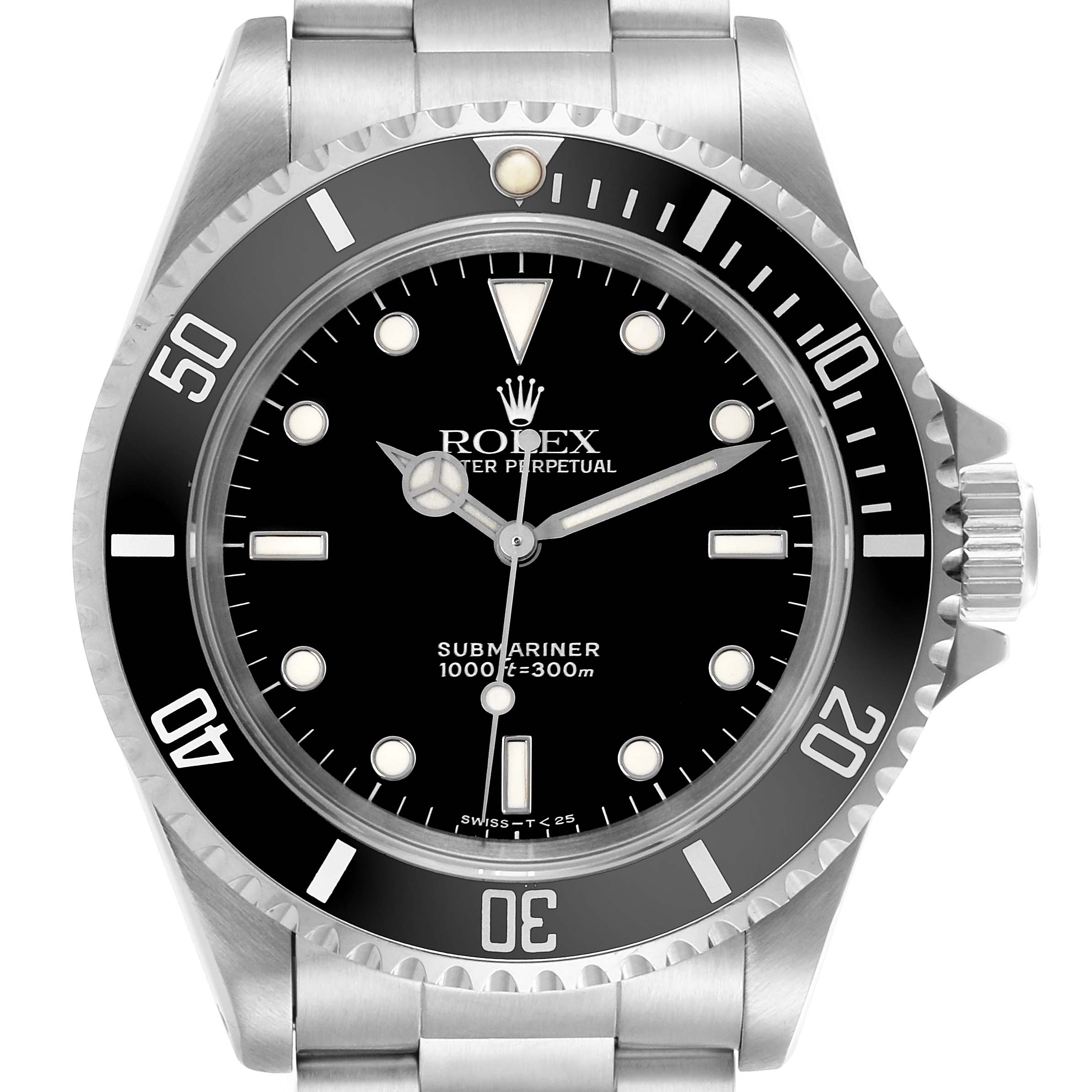 The Rolex Submariner 14060 Men
s Stainless Steel Black Dial 14060 Men
s Stainless Steel Black Dial watch is shown from a front angle, displaying its face, bezel, and partial bracelet.