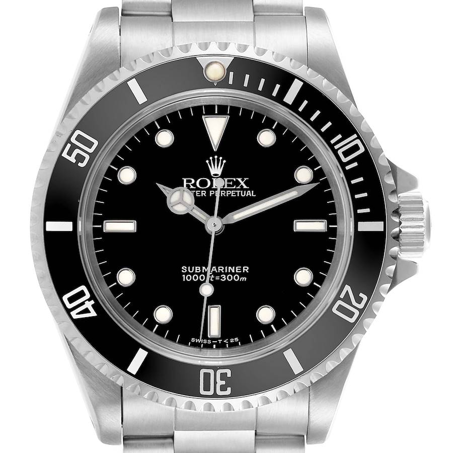 The Rolex Submariner watch is shown from a front angle, displaying its face, bezel, and partial bracelet.