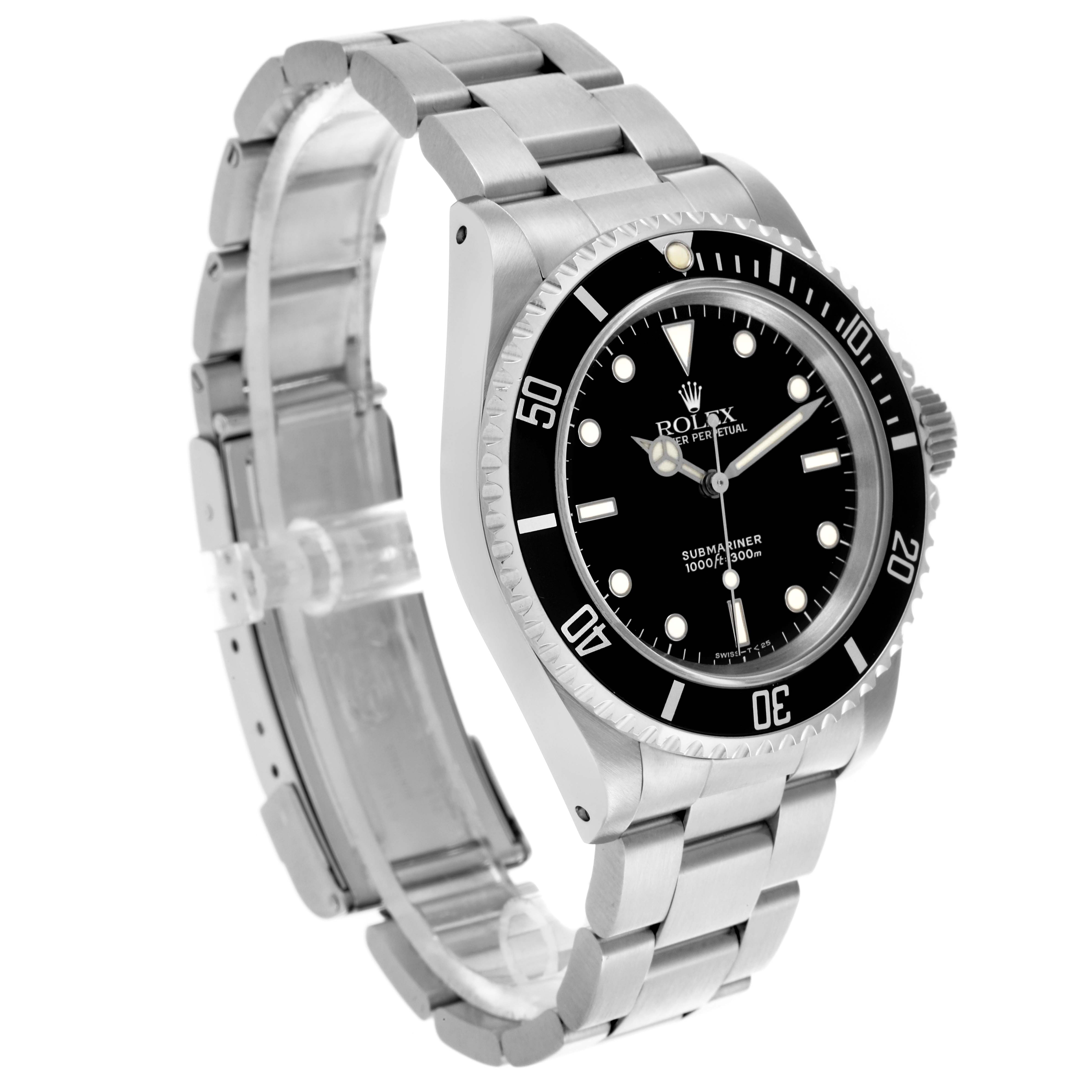 The image shows a Rolex Submariner 14060 Men
s Stainless Steel Black Dial 14060 Men
s Stainless Steel Black Dial at a three-quarter angle, displaying the face, bezel, and stainless steel bracelet.