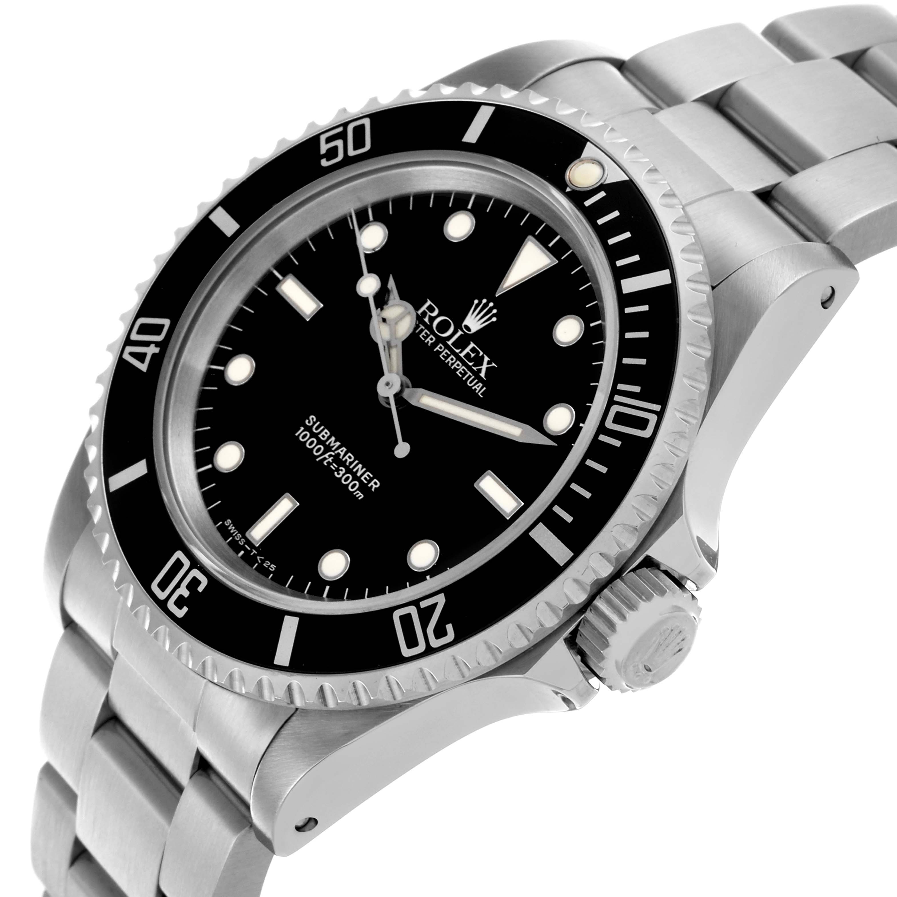 The Rolex Submariner 14060 Men
s Stainless Steel Black Dial 14060 Men
s Stainless Steel Black Dial watch is shown at an angled side view, displaying the dial, bezel, crown, and bracelet links.