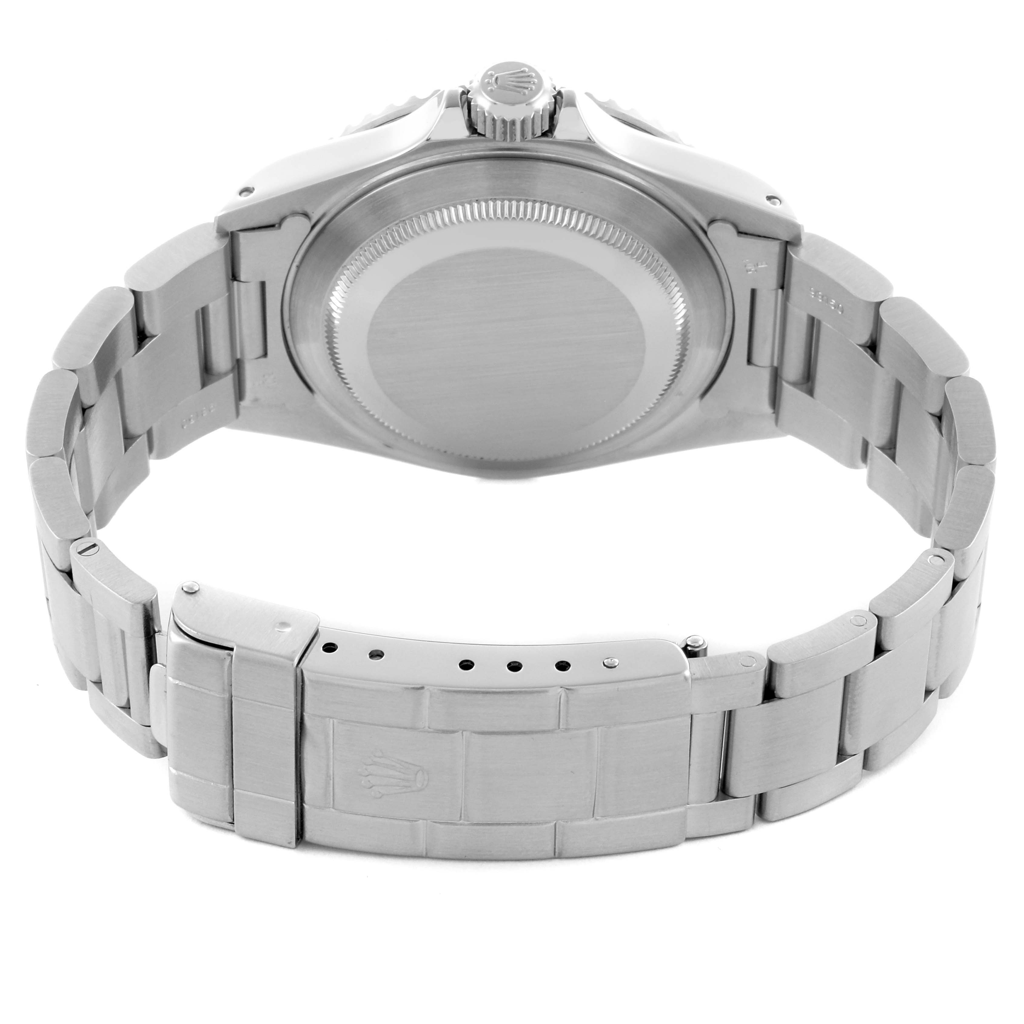 This image shows the back and bracelet of a Rolex Submariner 14060 Men
s Stainless Steel Black Dial 14060 Men
s Stainless Steel Black Dial, with the clasp and case back visible.