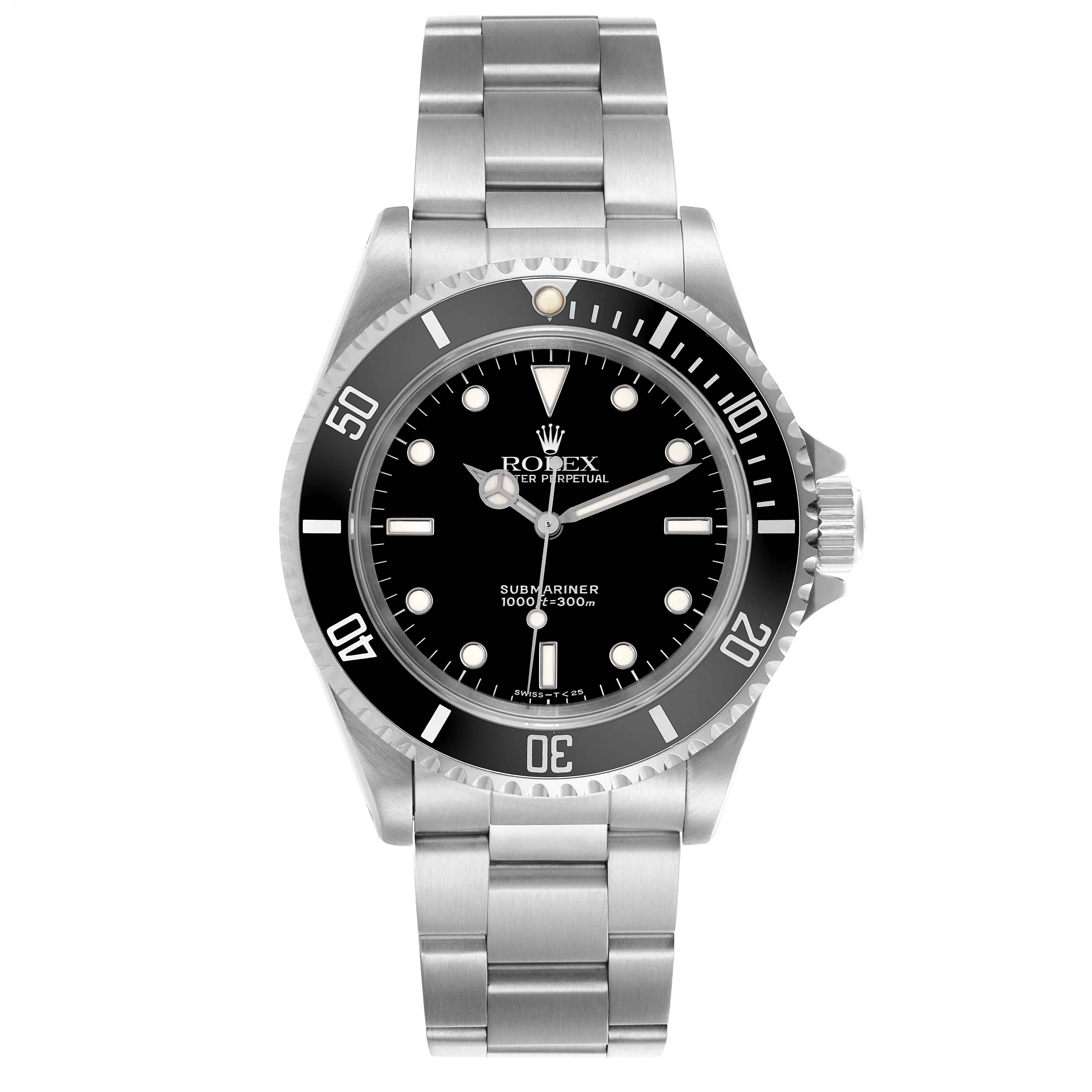 The image shows a front view of the Rolex Submariner 14060 Men
s Stainless Steel Black Dial 14060 Men
s Stainless Steel Black Dial, displaying the dial, bezel, and bracelet.