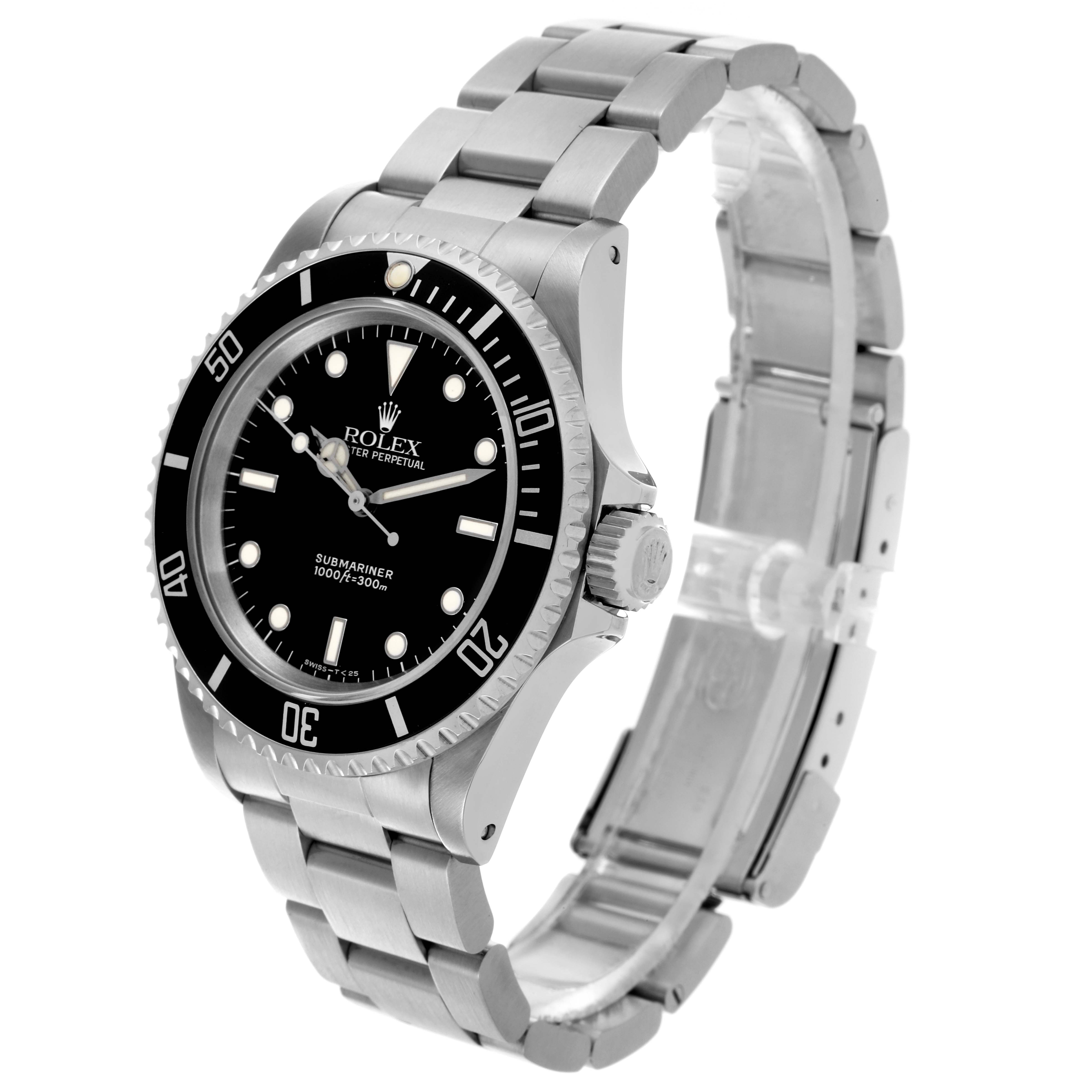 The Rolex Submariner 14060 Men
s Stainless Steel Black Dial 14060 Men
s Stainless Steel Black Dial watch is shown at a three-quarter angle, displaying the face, bezel, crown, and bracelet.
