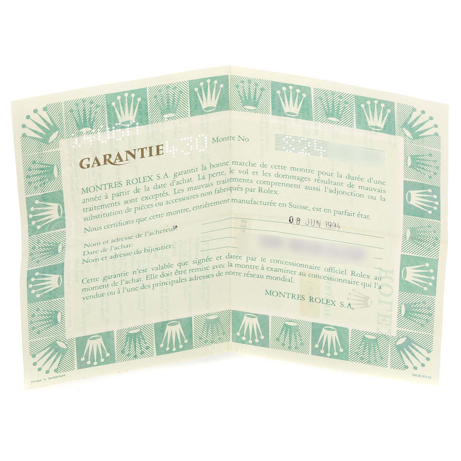 The image shows a warranty certificate for a Rolex Submariner 14060 Men
s Stainless Steel Black Dial 14060 Men
s Stainless Steel Black Dial, featuring the brand
s logo and details.