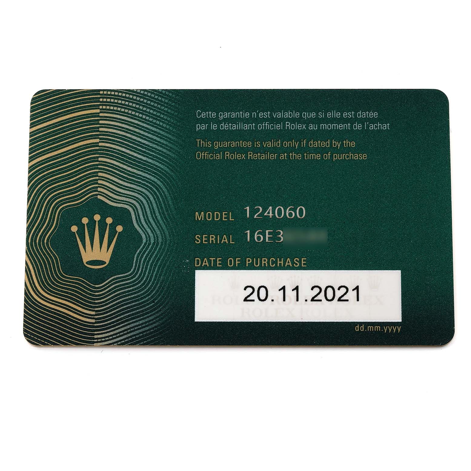 The image shows a warranty card for a Rolex Submariner 124060 Men
s Stainless Steel Black Dial 124060 Men
s Stainless Steel Black Dial model 124060, with the purchase date of 20.11.2021 visible.