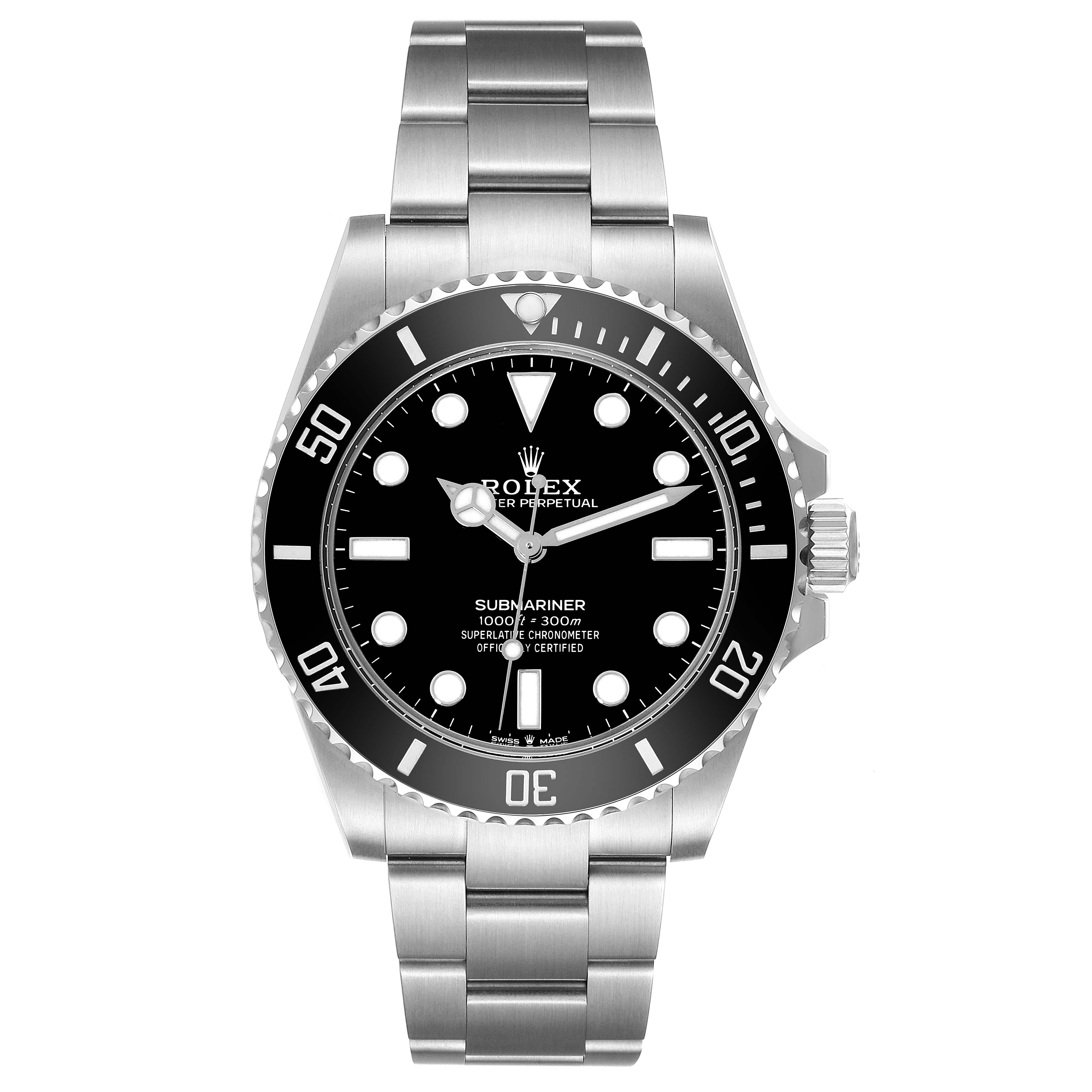 This image shows a front view of the Rolex Submariner 124060 Men
s Stainless Steel Black Dial 124060 Men
s Stainless Steel Black Dial watch, highlighting its black bezel, dial, and stainless steel bracelet.