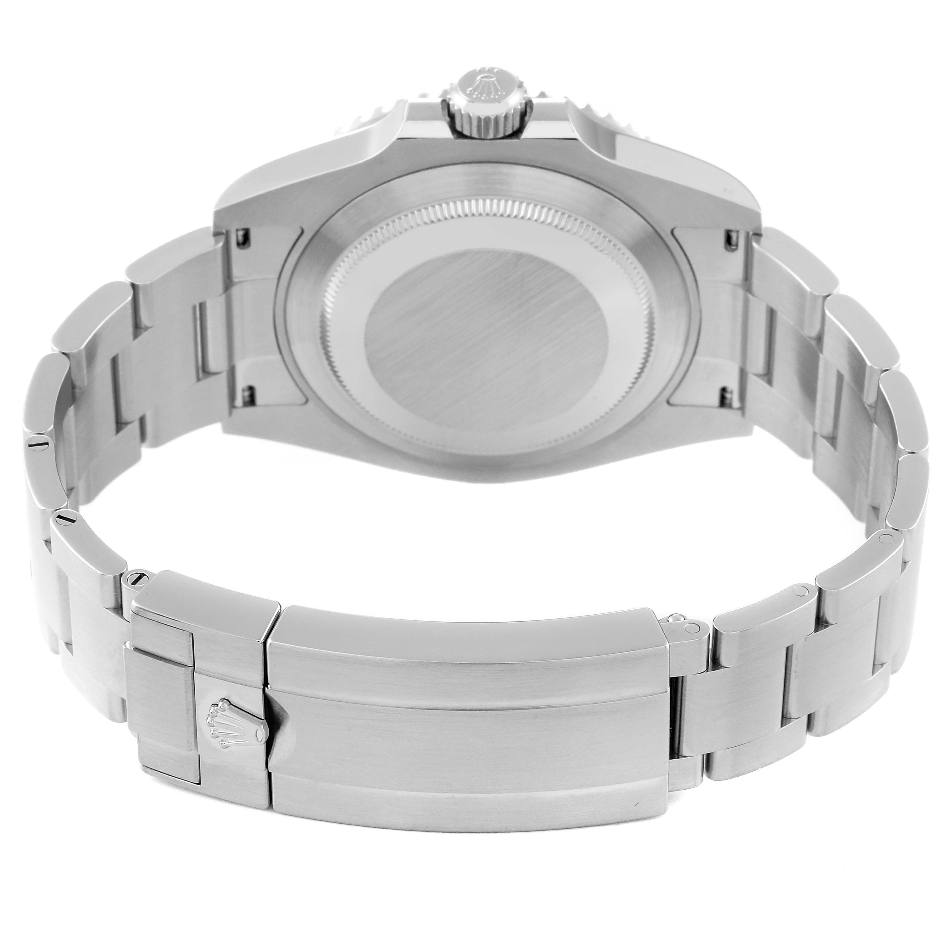 The image shows the back view of a Rolex Submariner 124060 Men
s Stainless Steel Black Dial 124060 Men
s Stainless Steel Black Dial, focusing on the case back and stainless steel bracelet with the clasp.