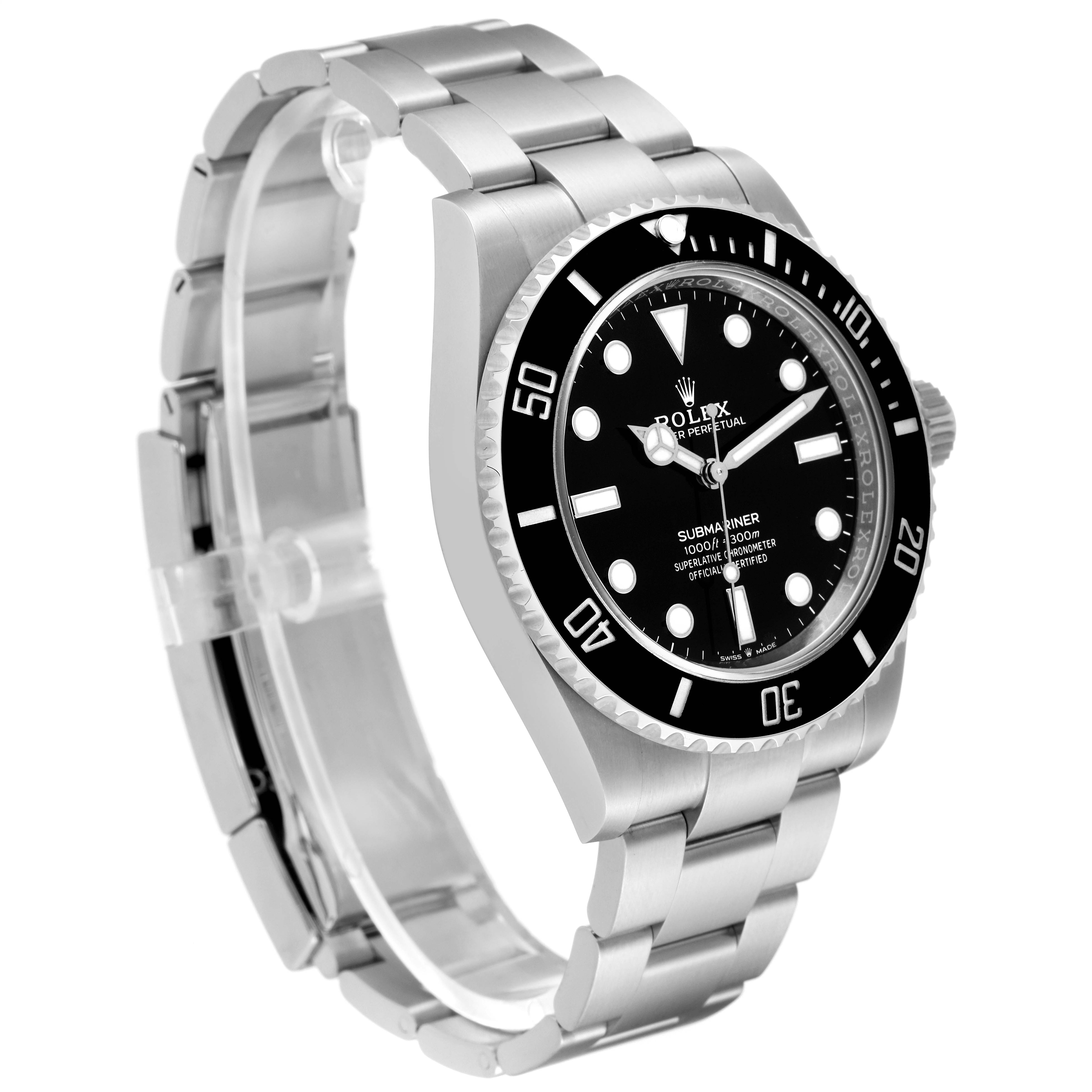 The Rolex Submariner 124060 Men
s Stainless Steel Black Dial 124060 Men
s Stainless Steel Black Dial watch is shown at a slight angle, highlighting its face, bezel, and metal bracelet.