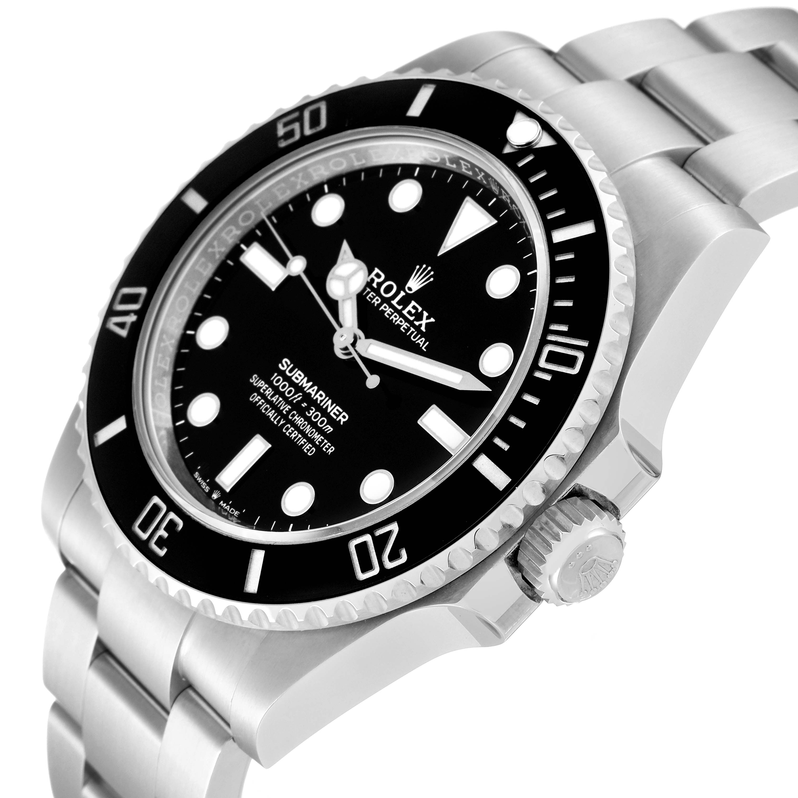 This image shows a close-up angled view of the Rolex Submariner 124060 Men
s Stainless Steel Black Dial 124060 Men
s Stainless Steel Black Dial watch, highlighting its black dial, bezel, crown, and part of its bracelet.