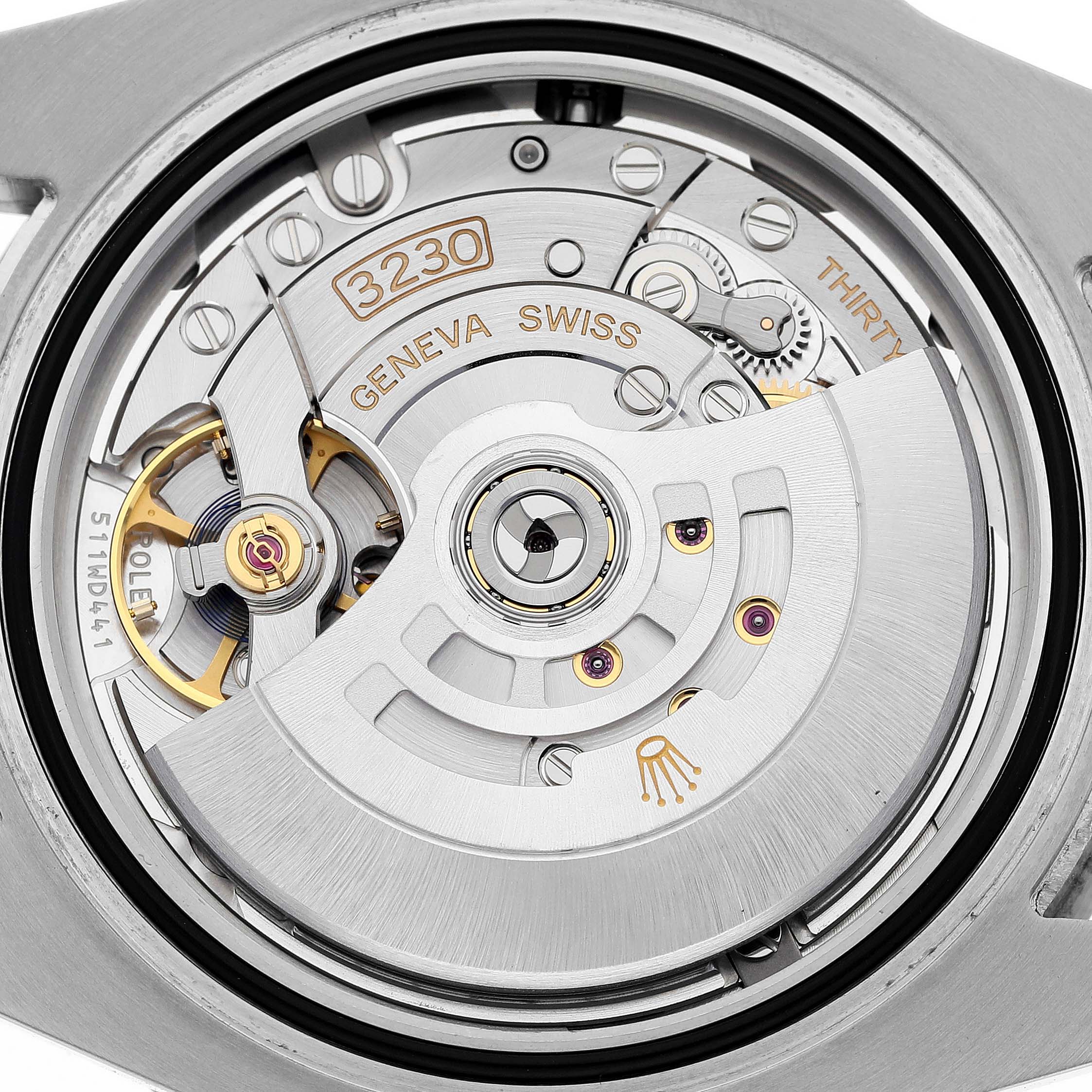 This image shows a close-up of the movement mechanism inside a Rolex Submariner 124060 Men
s Stainless Steel Black Dial 124060 Men
s Stainless Steel Black Dial watch.