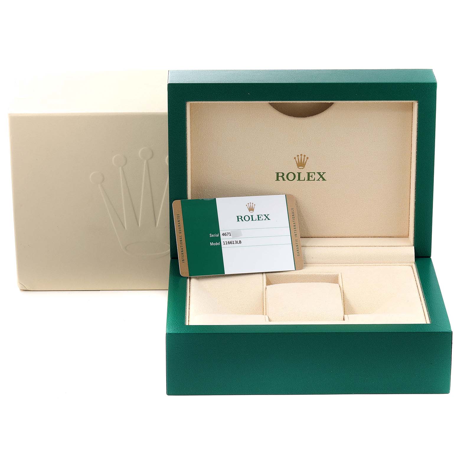 This image shows the packaging and warranty card for the Rolex Submariner 116613 Men's Steel and Gold (two tone) Blue Dial 116613 Men's Steel and Gold (two tone) Blue Dial model.