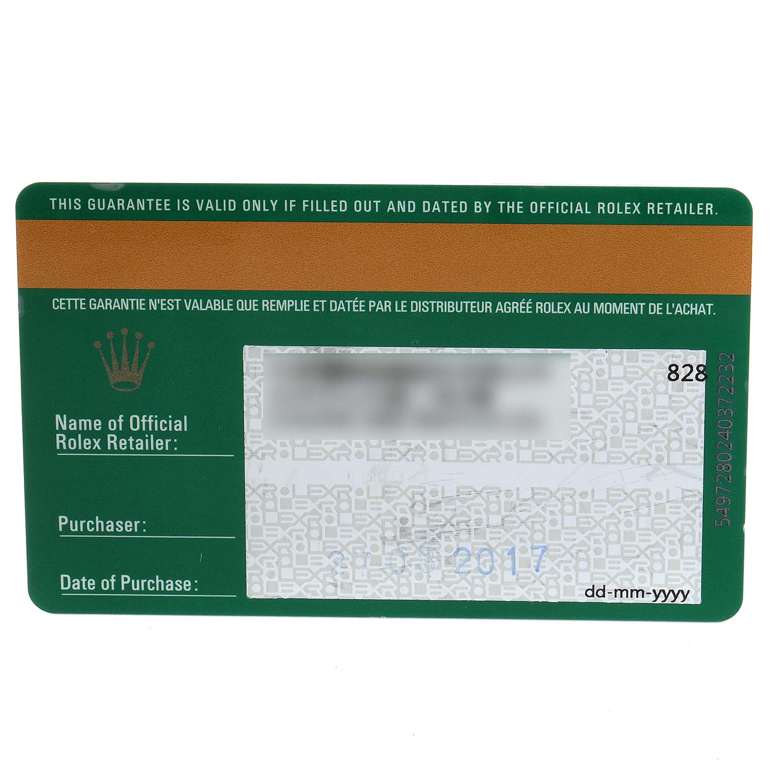 This image shows a Rolex guarantee card for the Submariner model, including the retailer's name, purchaser's name, and purchase date fields.